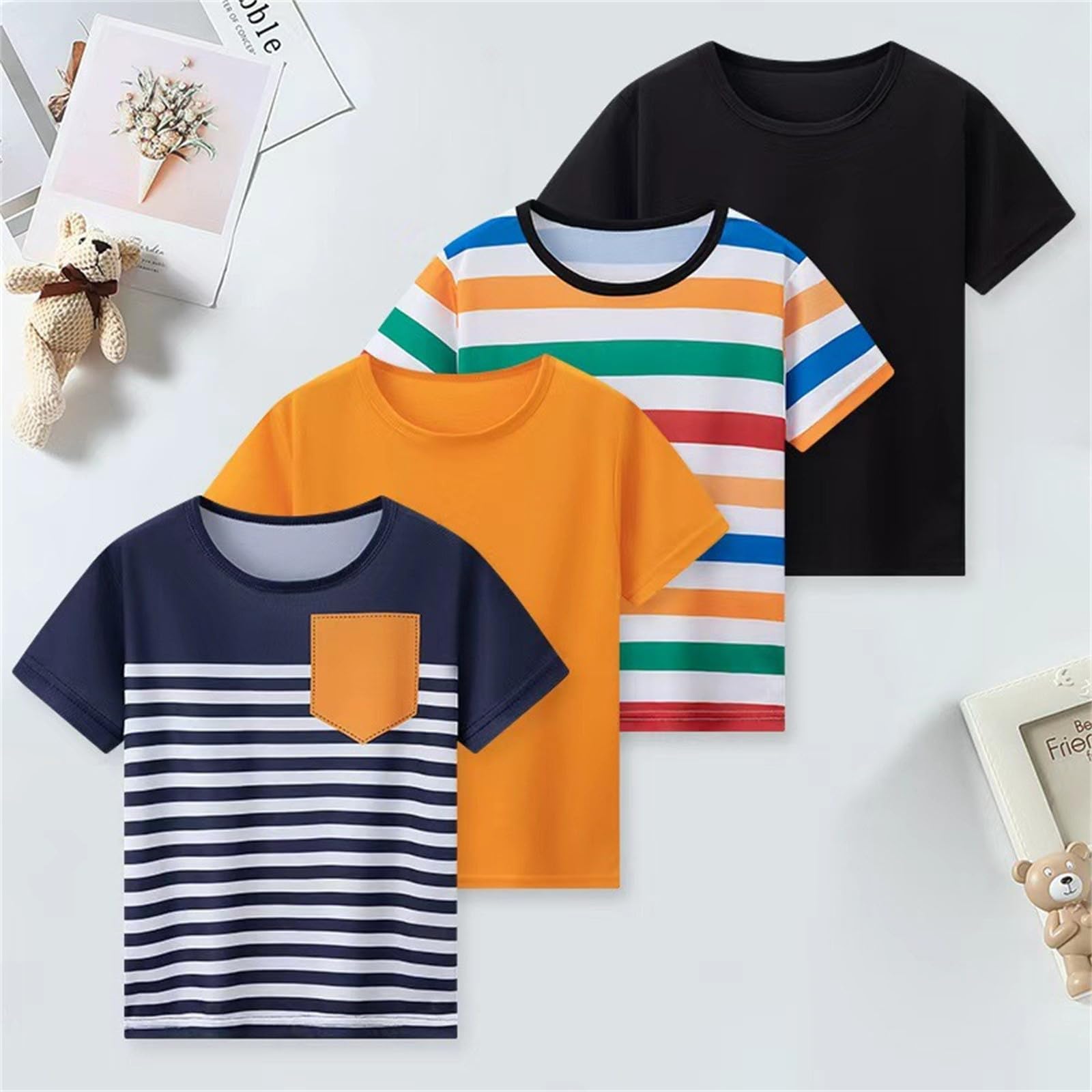 Boys Girls 4 Pack Athletic T Shirts Kids Short Sleeve Striped Mesh Shirt Summer Crewneck Outdoor Graphic Top 4-13 Years - 4