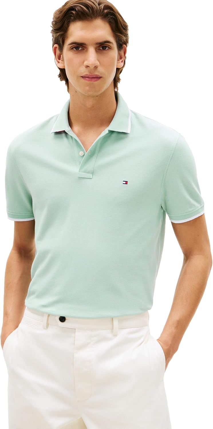 Tommy Hilfiger Men's Short Sleeve Casual Polo Shirts in Regular Fit with Contrast Collar and Cuff Designs