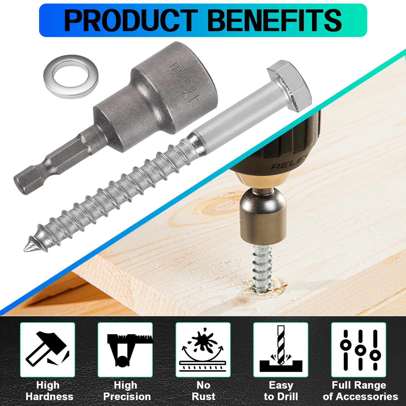 MIGUBIGU Hexagon Wood Screws Stainless Steel M10 x 100 mm with Sealing Washer and Hex Socket Spanner Key Screws Hexagonal Screws Stainless Steel Screws Wood Pack of 10 - Image 3