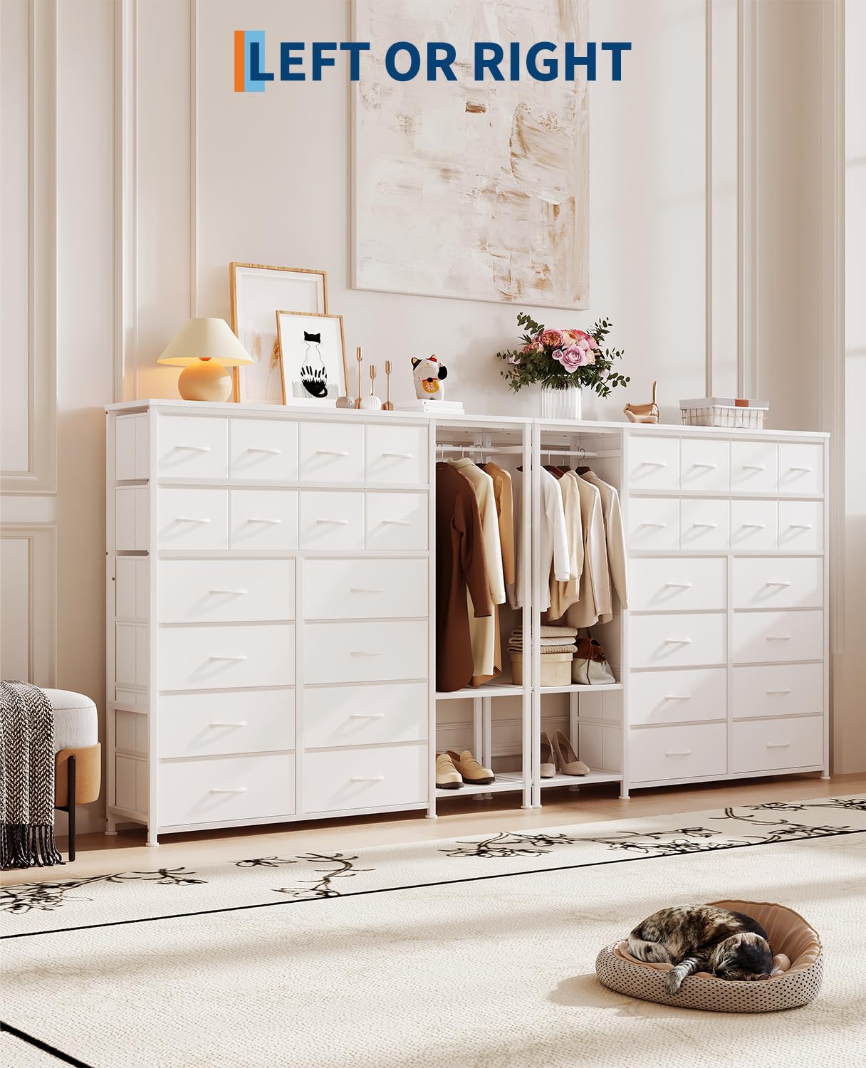 Garvee Commode De Rangement 16 Tiroirs avec Penderie Et Étagères – Organiseur en Tissu pour Chambre, Dressing Ou Entrée, Blanc