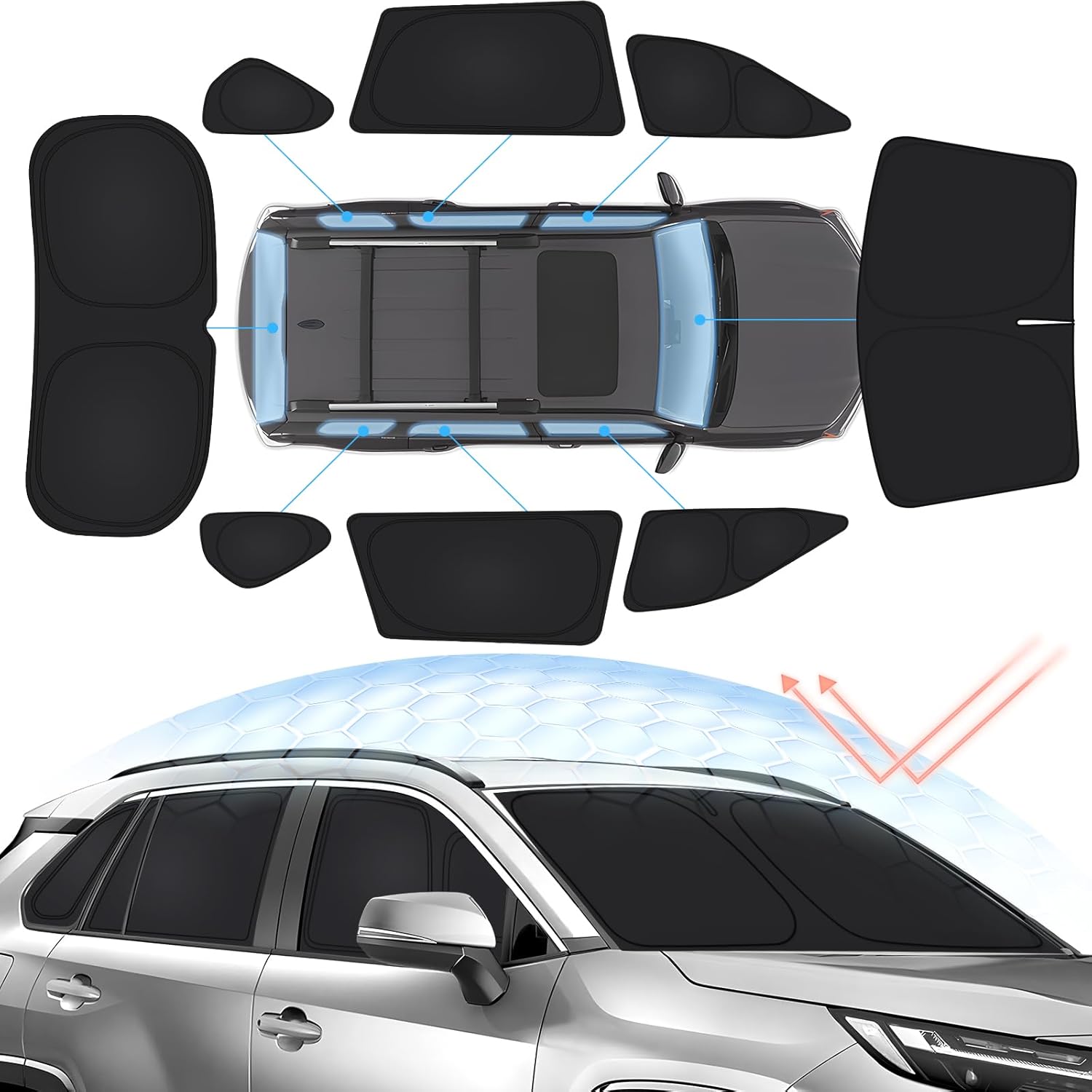 8PCS RAV4 Windshield Sun Shade for Toyota RAV4 2019-2024 Full Front&Rear RAV4 Side Window Shade Cover Kit-Foldable RAV4 Sun Visor Protector Blocks UV&Heat Keep RAV4 Cool All Black