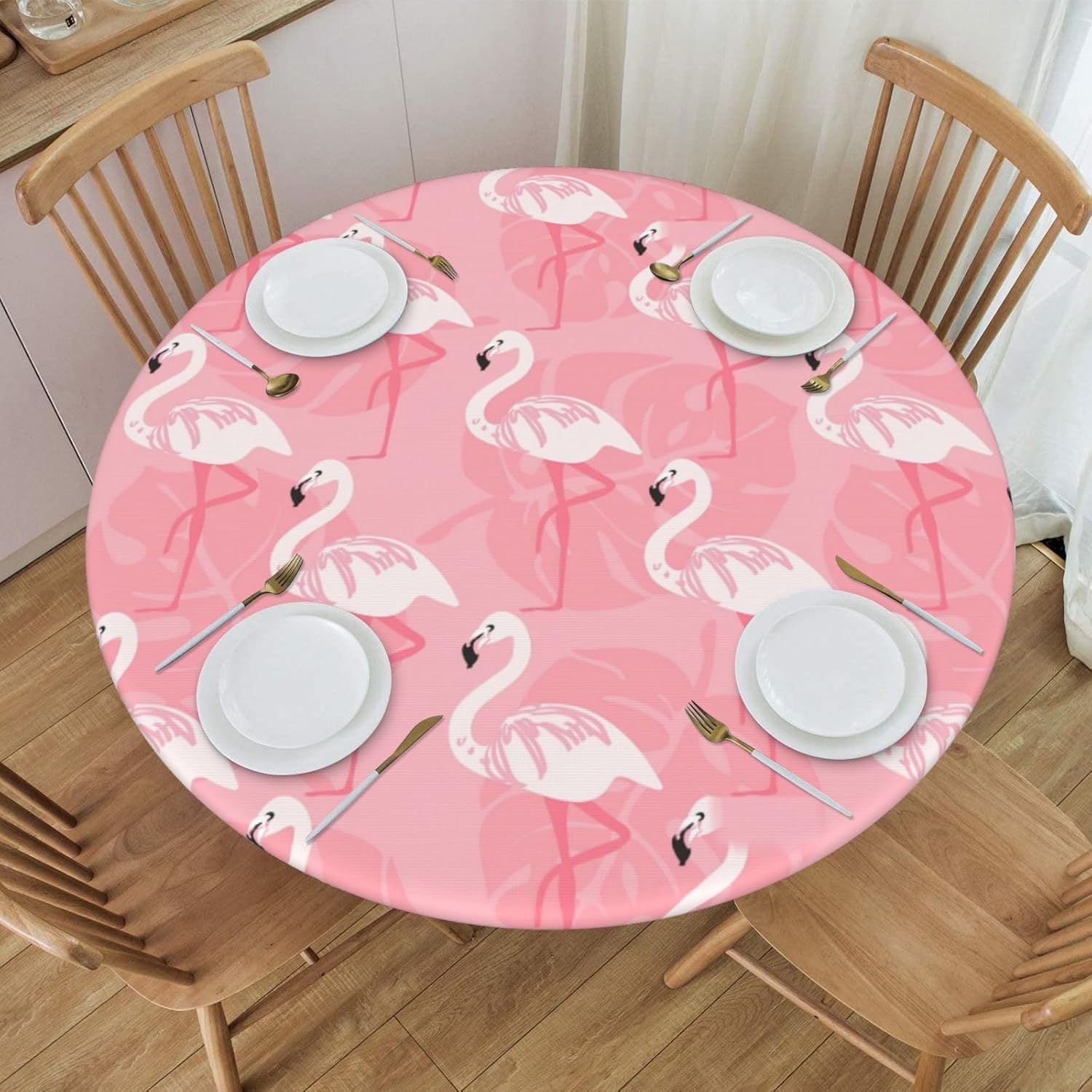 Summer Flamingo Palm Leaves Print Outdoor Patio Kitchen Decor Supplies Wipeable Round Table Cloth for Indoor Outdoor