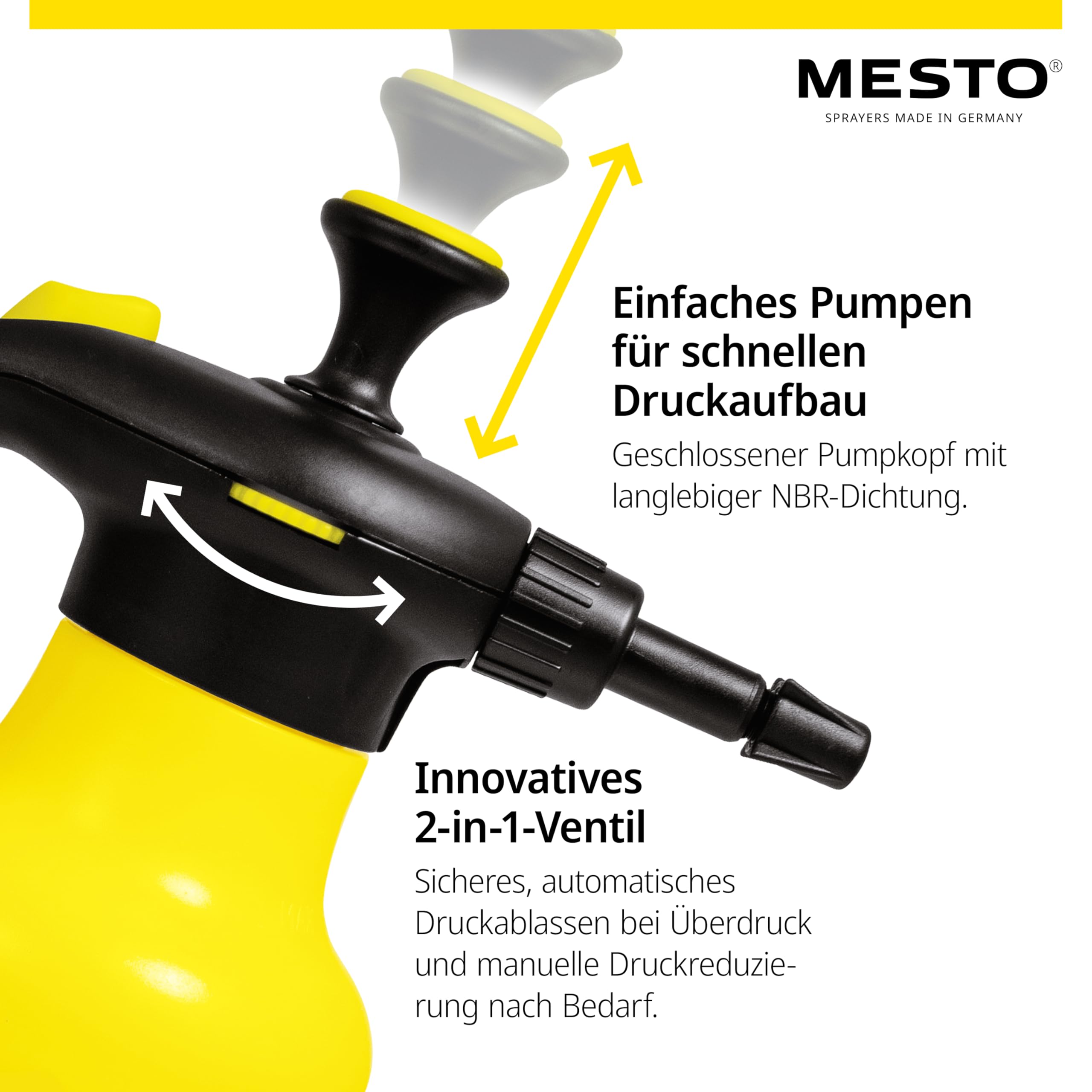 Mesto BUGSI 360° Drucksprüher 1,5L Set inkl. MESTO Verlängerungsrohr 27cm | Sprühflasche für Garten & Pflanzen | Pumpsprühflasche | Sprühgerät mit 2 in 1 Ventil | Pflanzensprüher | Verstellbare Düse