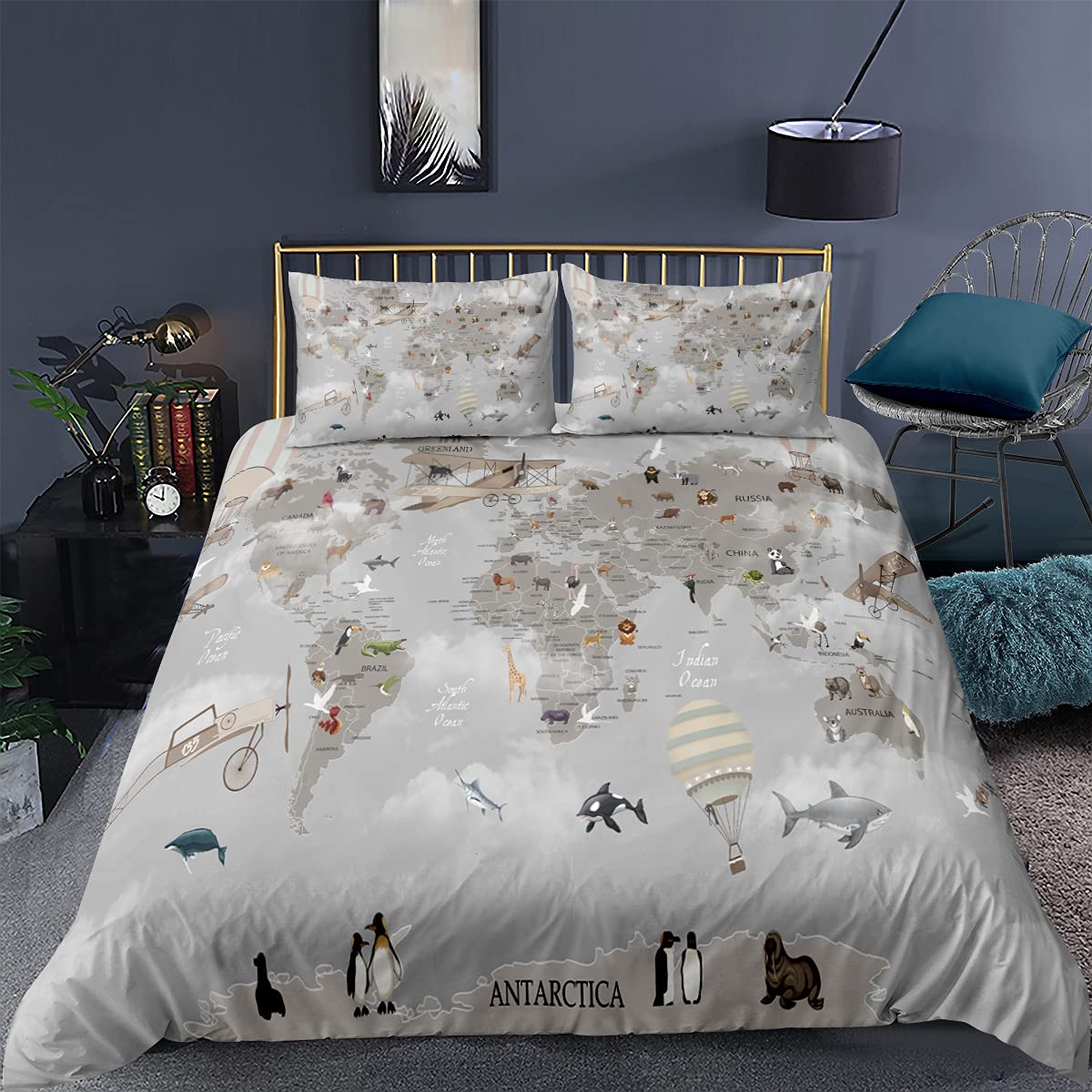 WQIZXCW Funda Nordica Cama 105 Mapa del Mundo, Funda Edredon 200x200 cm con 2 Fundas de Almohada 50x75 cm, Juego de Fundas Nordicas Microfibra Muy Suave Transpirable