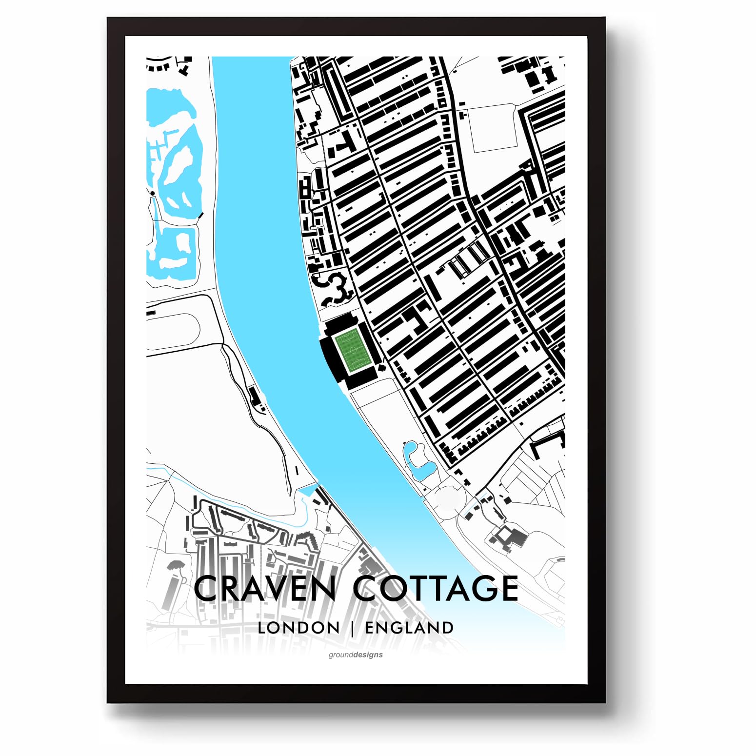 Grounddesigns Men's Black And White Fulham Fc Football Gift Craven Cottage Stadium Art Map Unframed A3 Print Ffc