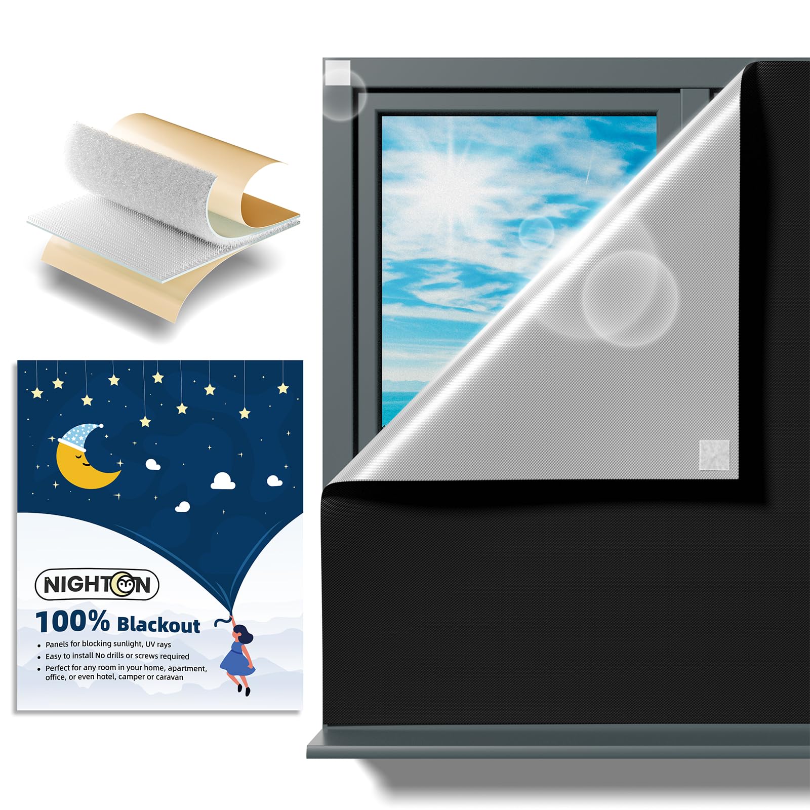 Photo 1 of NIGHTON Portable Blackout Curtains 150"×70", Strong Hook and Loop Tape Strips with Adhesive, Cuttable Blackout Window Cover, 100% Black Out Material Blinds for Baby Nursery or Travel - Black ?