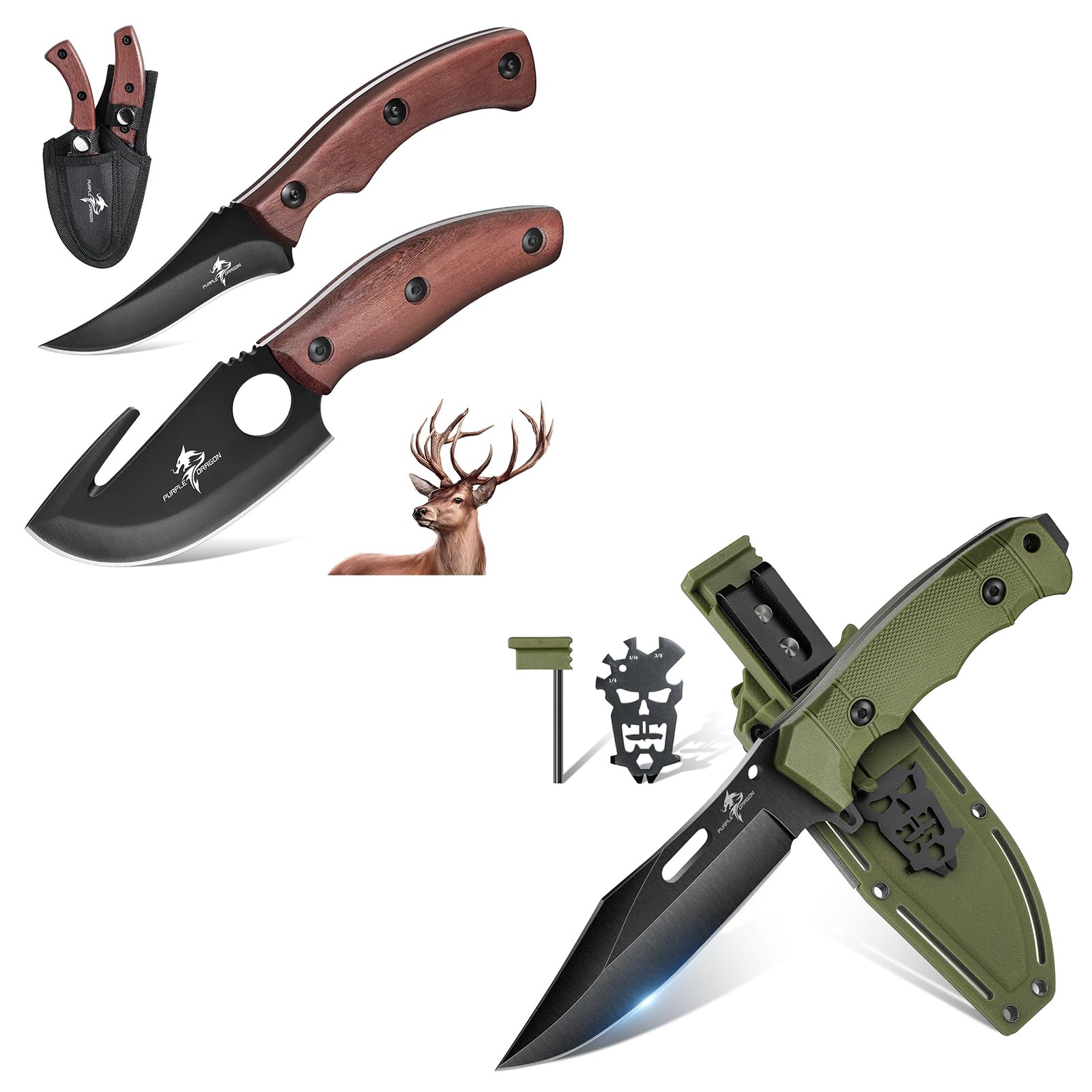 Fixed Blade Outdoor Knives Set Bundle with a Green Fixed Blade Knife with Multifunctional Sheath, High Carbon Steel Specialist and Precision Knife, Field Utility Kit, Christmas Gifts