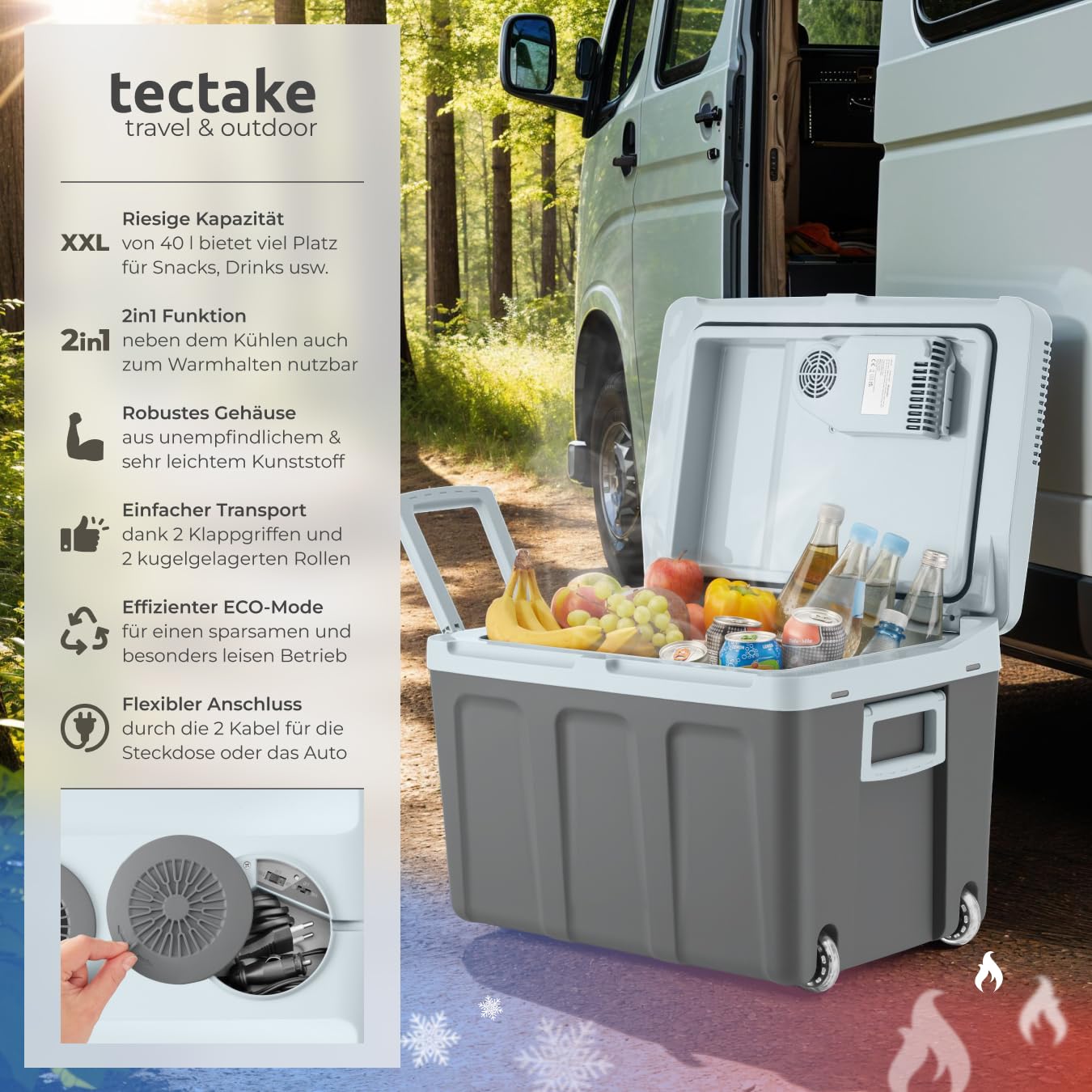 tectake® elektrische Kühlbox groß 40 L, Kühl- und Warmhaltefunktion, leise Kühltasche elektrisch, für Auto oder Steckdose, mini Kühlschrank für Camping, Getränke, Thermobox mit Strom, ECO Mode