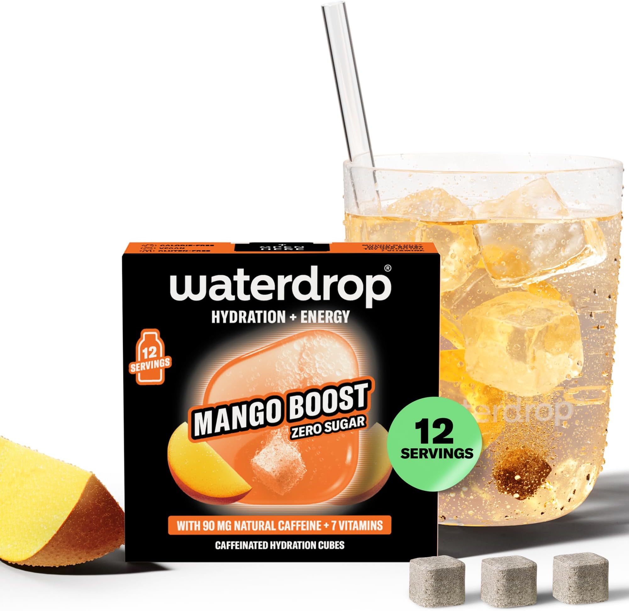 Waterdrop® Microenergy Mango, Energy Drink Powder, 12 Cubes Drink Powder, Mango Flavour, Sugar-free & Low Calorie with 90 mg Natural Caffeine, Vitamin C & B - Flavour Drops
