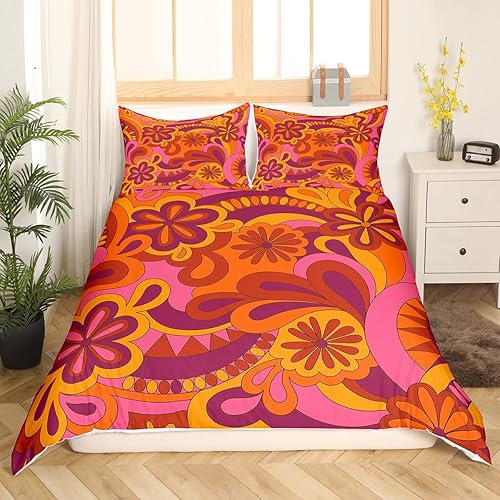Miniatura 2 de Juego de ropa de cama con estampado floral retro hippie para niños, adolescentes, funda de edredón con estampado floral bohemio vintage de los años