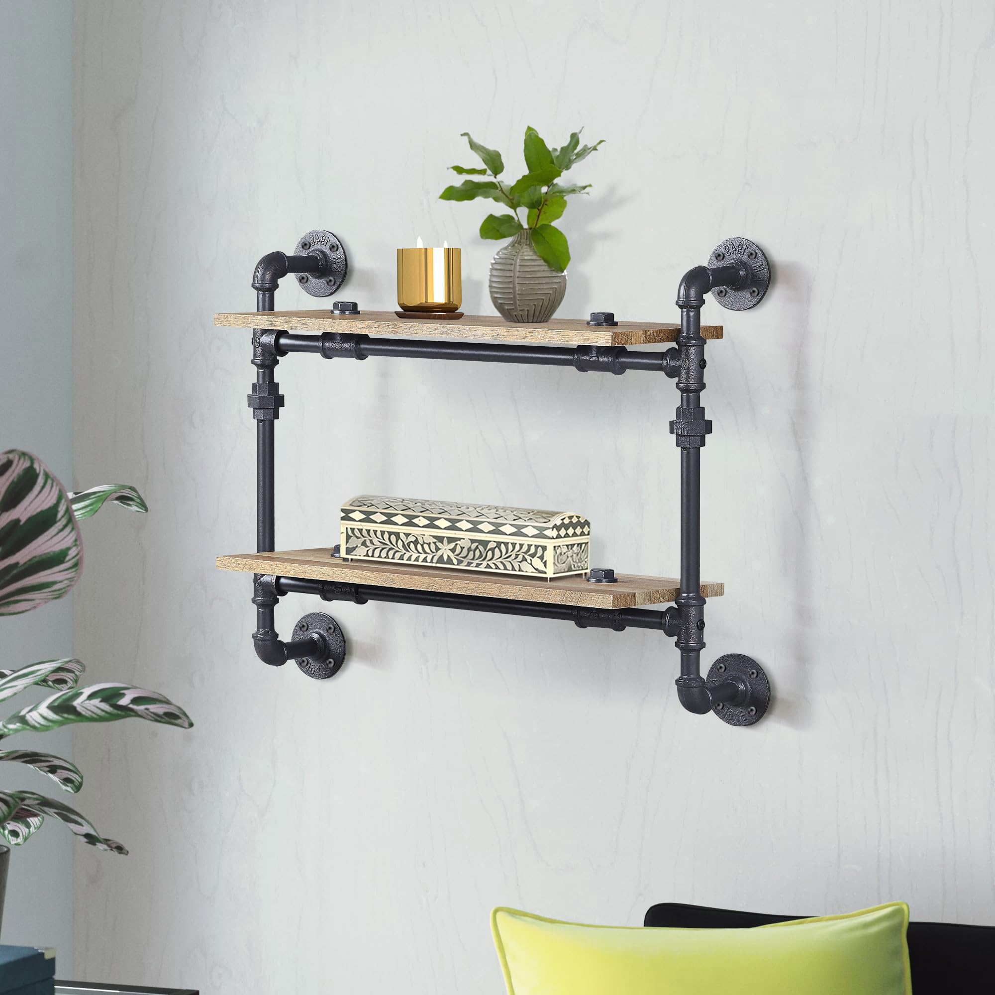 neolun Stylish and Functional 2-Tier Wall Shelf with Industrial Design, Sturdy Metal Frame, Black Finish