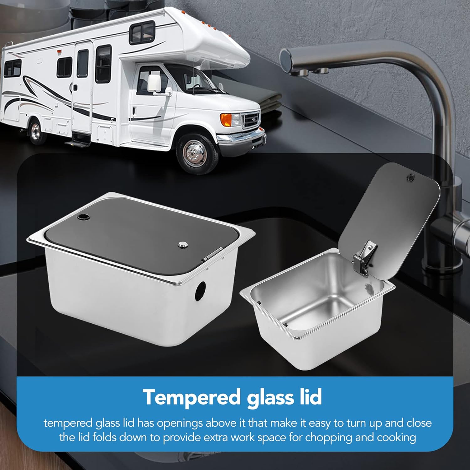 RV Kitchen Sink, 300x240x150mm Square Stainless Steel Single Bowl Hand Wash Basin 40mm Drain with Tempered Glass Cover for Camper Van Yacht