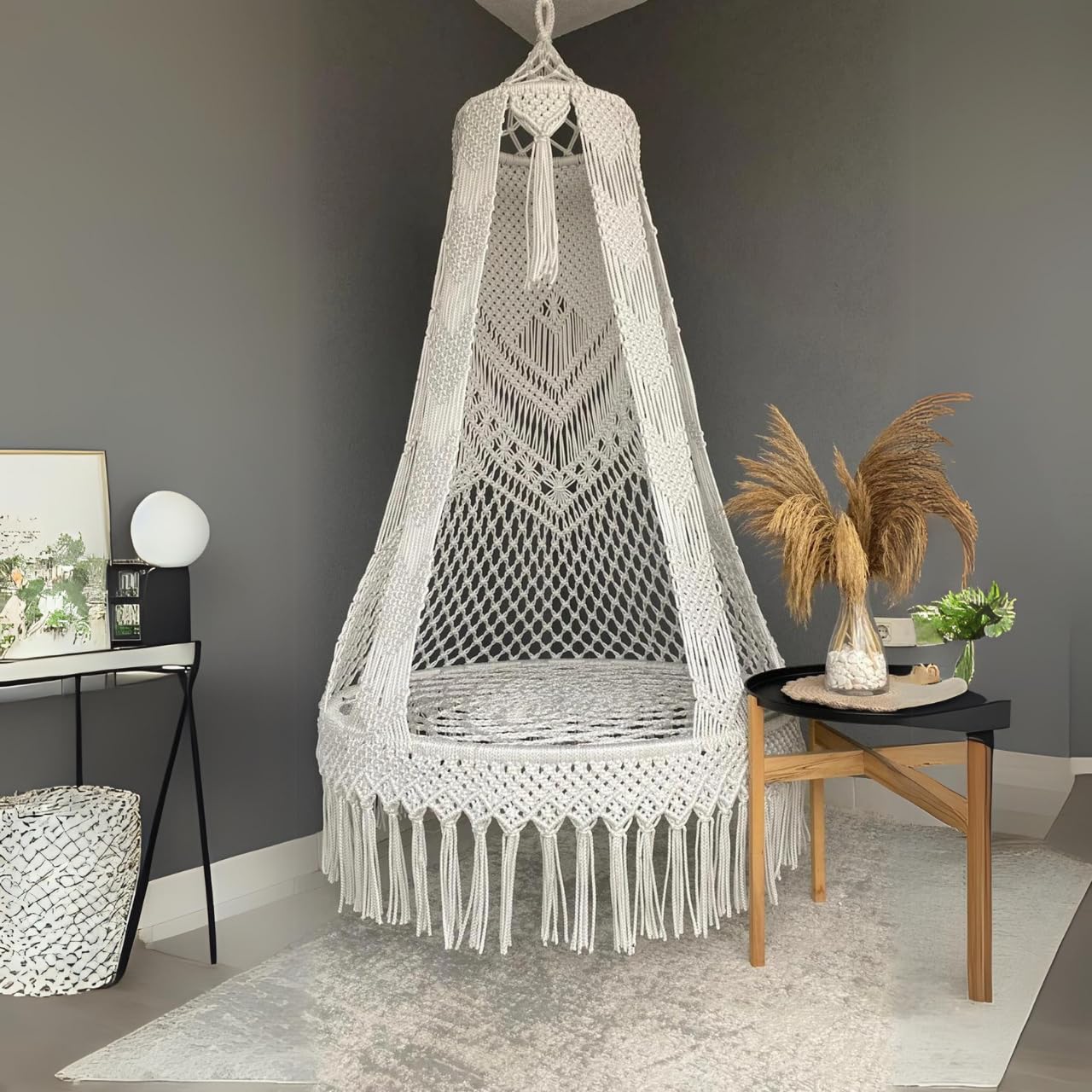 ecofynd Cotton Premium Luxury Macrame Swing Hammock for Adults & Kids, Large Chair Jhula Relax for Indoor, Outdoor, Balcony, Deck, Patio, Living Room, Home (Bh017), White
