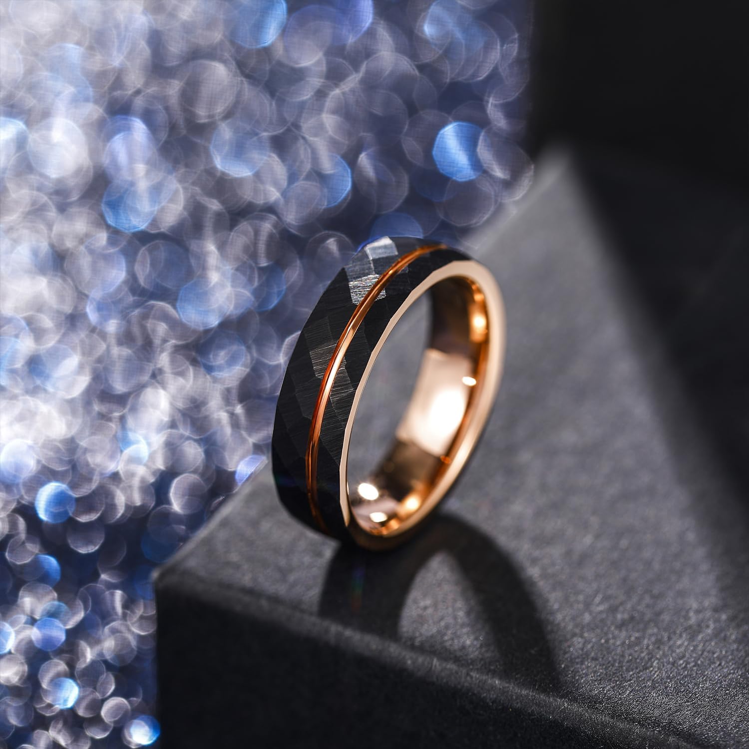 Greenpod 6mm 8mm Tungsten Carbide Rings for Men Hammered Rose Gold Plated Line Multi Faceted Wedding Band Women Brushed Matte Finished Comfort Fit Size 6-13 - Image 2