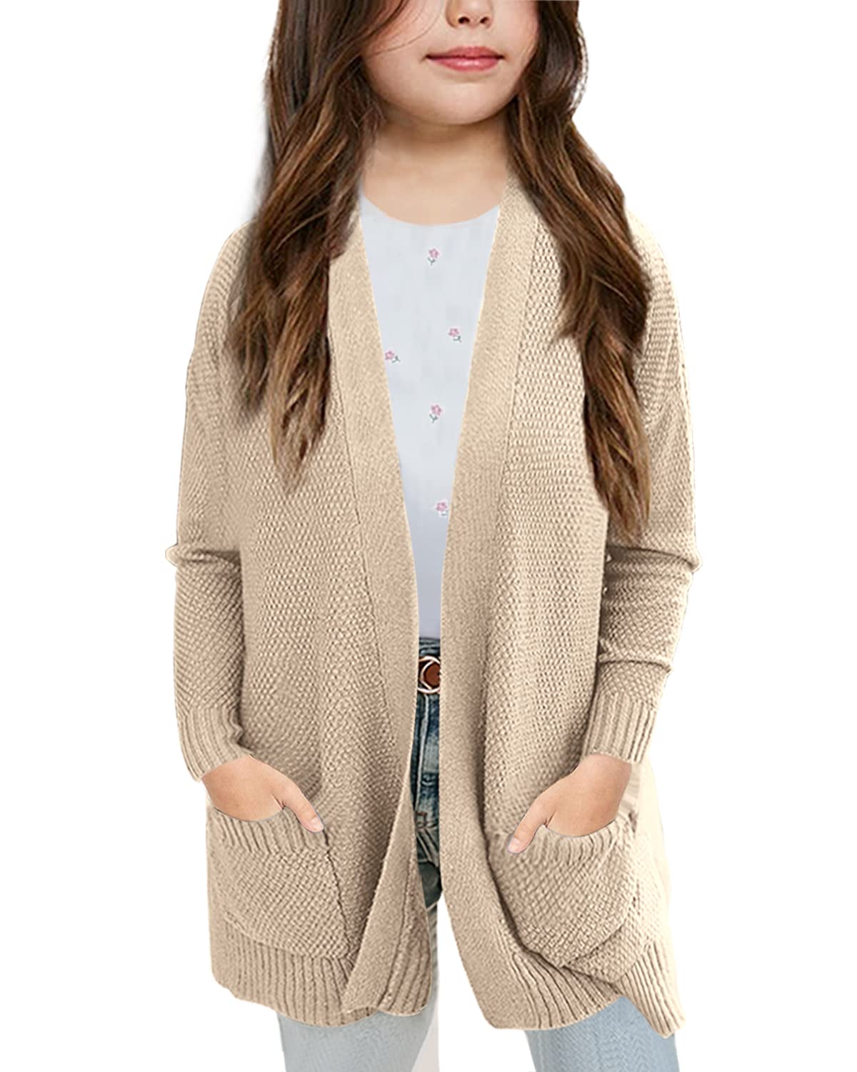 Goranbon Girls' Cardigan Sweaters Open Front Long Sleeve Casual Sweater Coats with Pockets Beige