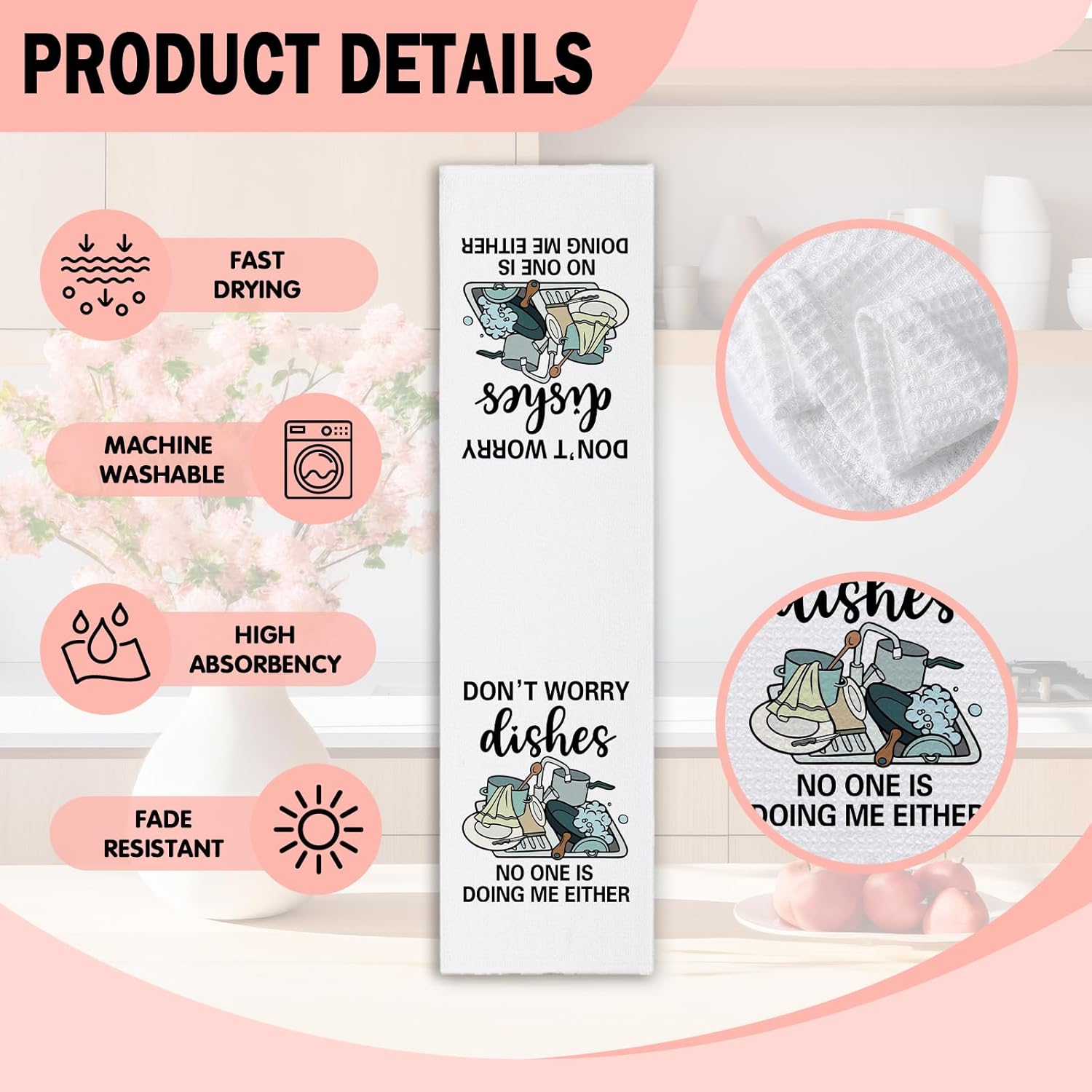 Funny Kitchen Towels for Women, Don't Worry Dishes No One is Doing Me Either, Humorous Saying Dish Towels for Kitchen Decor, Sweet Housewarming Gifts, Hostess Gifts for Mom Wife Grandma - Image 6