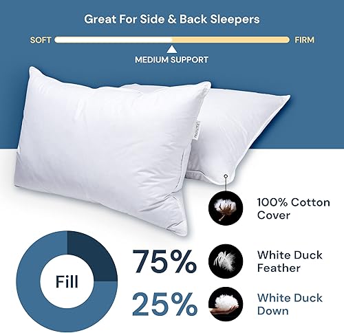 Almohada de plumas y plumón de pato blanco - Almohadas con soporte suave y medio, paquete de 2