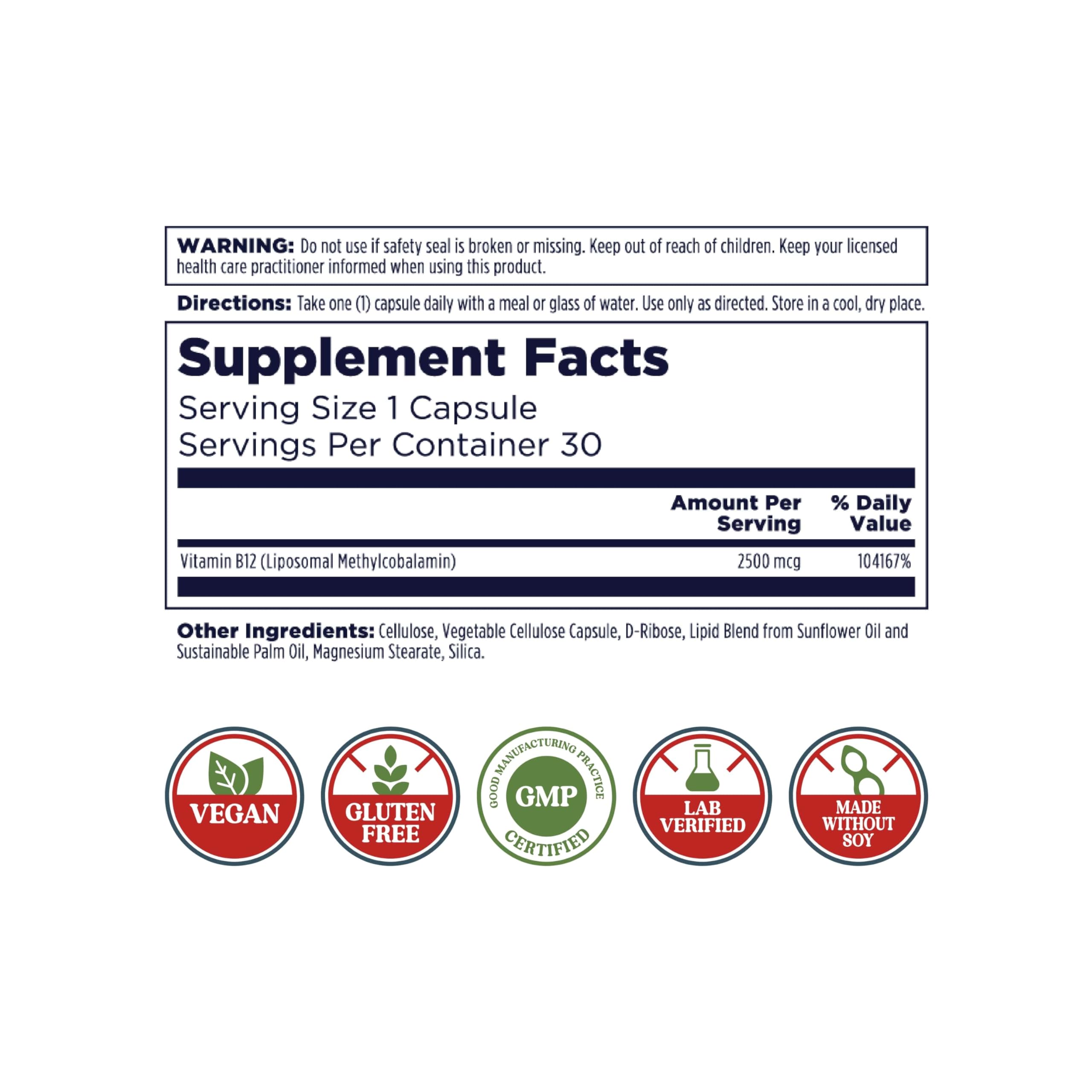 KAL Liposomal Vitamin B12 2500 mcg, High Absorption, Liposomal Technology, Cellular Energy Support, Vegan Capsules, Gluten Free, Made Without Soy, 30 Servings — Amazon image 3