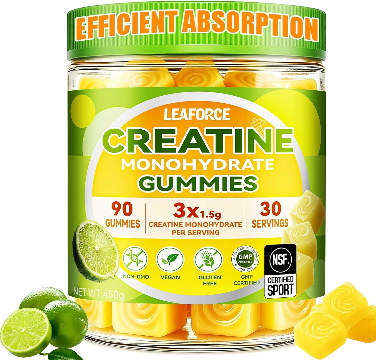 Creatine Monohydrate Gummies for Men & Women, 4.5g Creatine Monohydrate per Serving – Easy Daily Creatine Supplement for Workout & Fitness Support, Vegan, Lemon Flavor, 90 Gummies