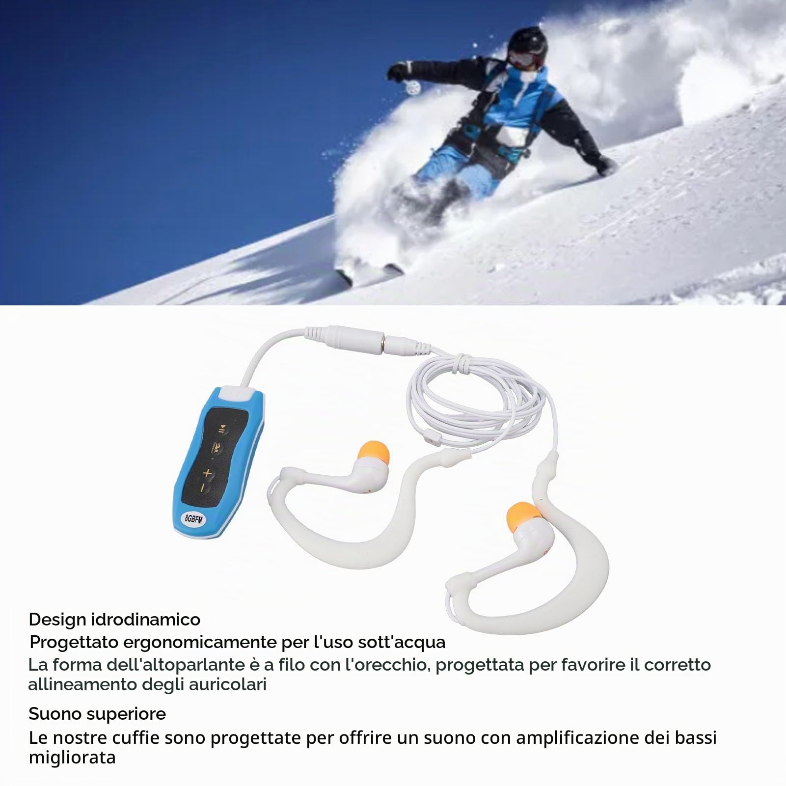 Lettore MP3 Idrodinamico con Auricolare Impermeabile da 8 GB, Lettore Musicale Ricaricabile IPX8 con Suono Eccellente per Nuoto, Immersioni, Corsa (8GB)