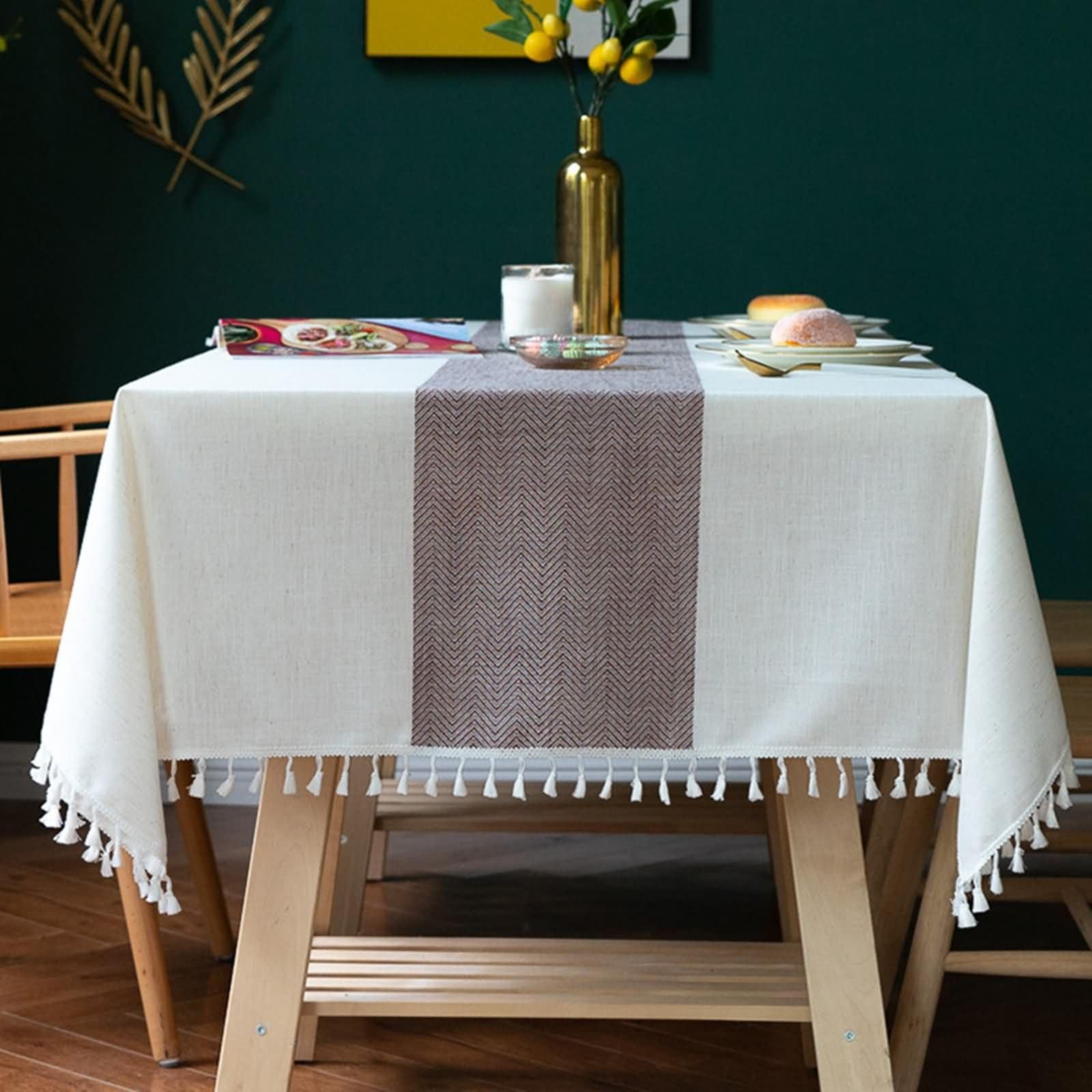 Kaffee Tischdecke Rechteckig 140 x 180 cm, Polyester Einfarbiges Spleißen mit Quasten, Abwaschbare Tischdecken