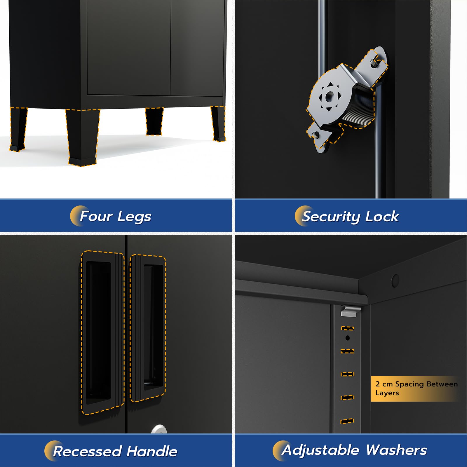YOUDENOVA Aktenschrank,180 x 80 x 40 Metall Aktenschrank Abschließbar mit 2 Türen,Mehrzweckschrank mit 5 Ebenen,Mehrzweckschrank mit verstellbare Ablagen Schwarz