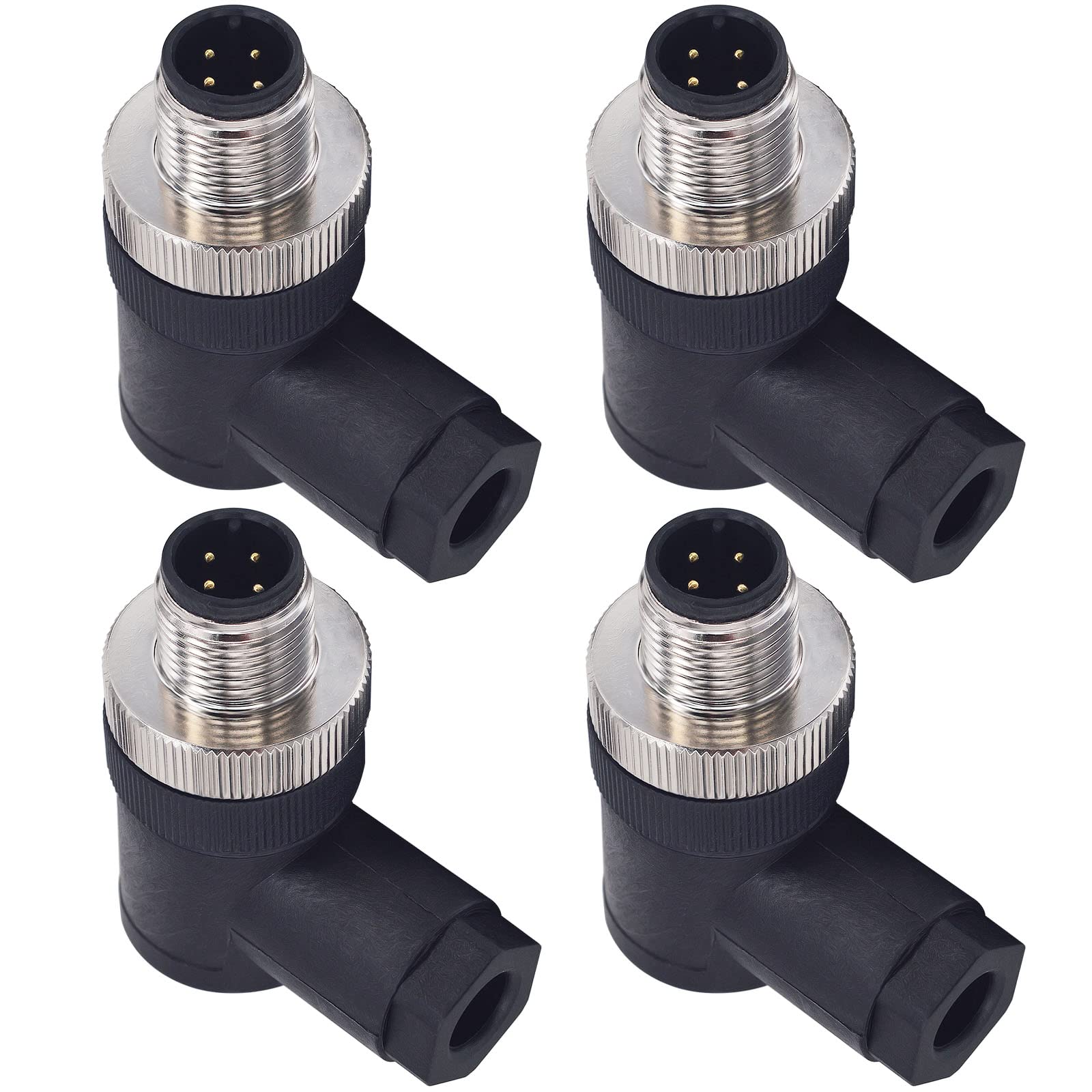 Lonlonty M12 12mm 4-Pin Male Right Angle Aviation Connector Plug, IP67 Waterproof 12mm Threaded Lock, AC 250V/5A Rating,4-Pack