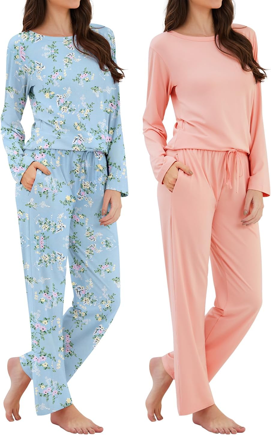 Xelky 2 Pack Womens Pajamas Set Long Sleeve Pajama Tops and Pants Sleepwear Soft Lounge Sets with Pocket