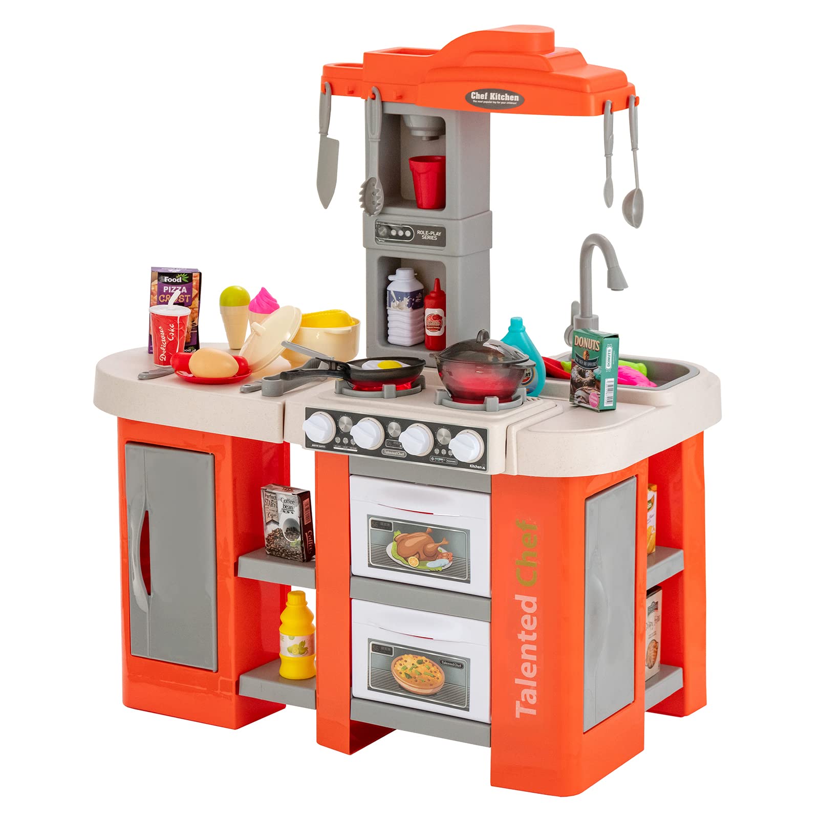Maxmass Kids Play Kitchen, 67PCS Pretend Kitchen Toy Set with Sound, Lights, Steam & Boil Effects, Children Cooking Role Playset for Boys Girls (Orange)