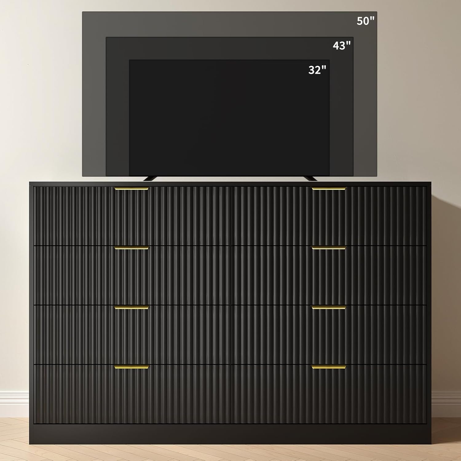 Black Dresser for Bedroom with 8 Drawer, 55” Wide Fluted Double Drawer Dresser Modern Chest of Drawers with Gold Handle, Wood TV Stand for Bedroom, Living Room, Black