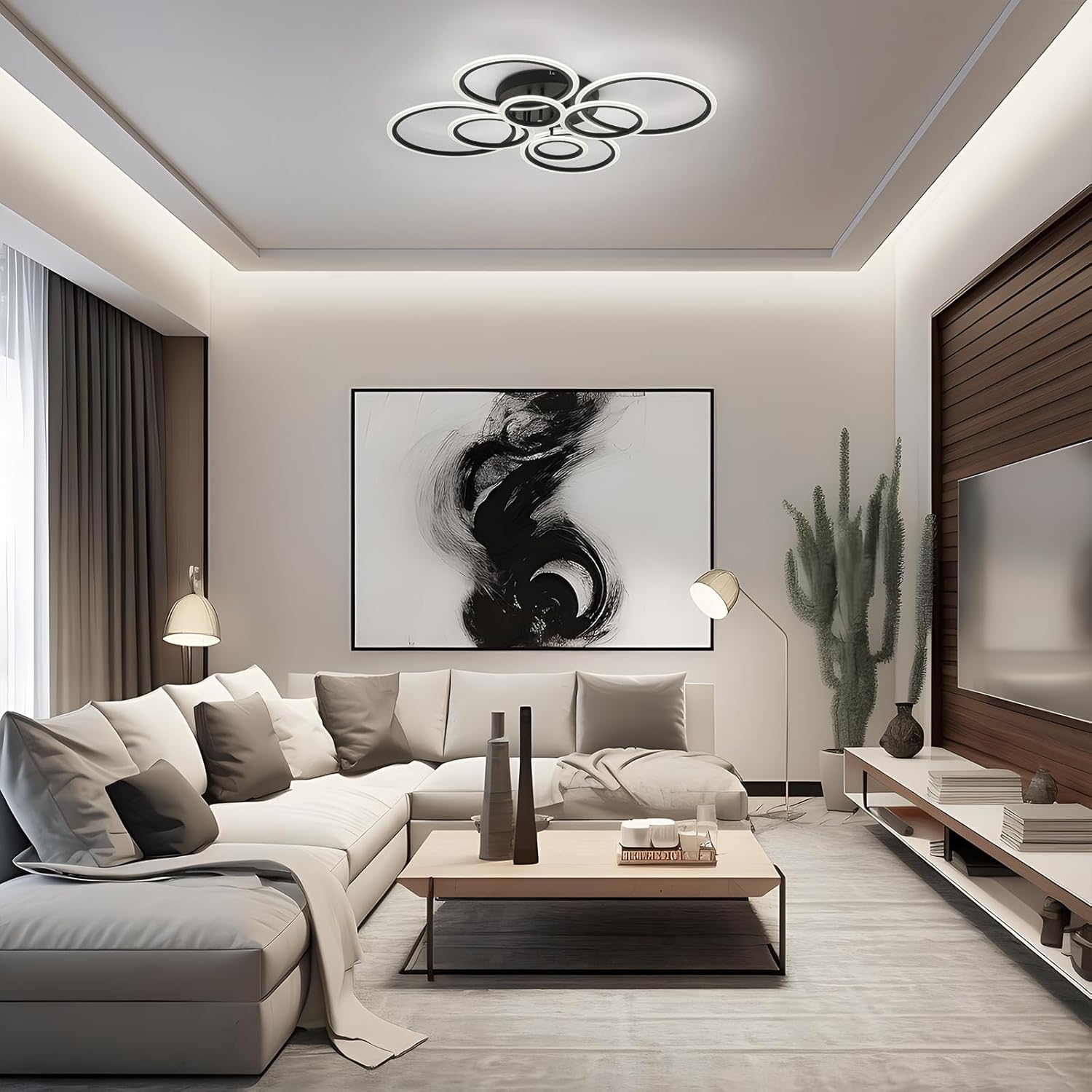 Modern LED Ceiling Light, Black 8 Rings Flush Mount Ceiling Light, 4000K Lighting Fixture Ceiling Lamp for Kitchen, Bedroom, Living Room, Dining Room