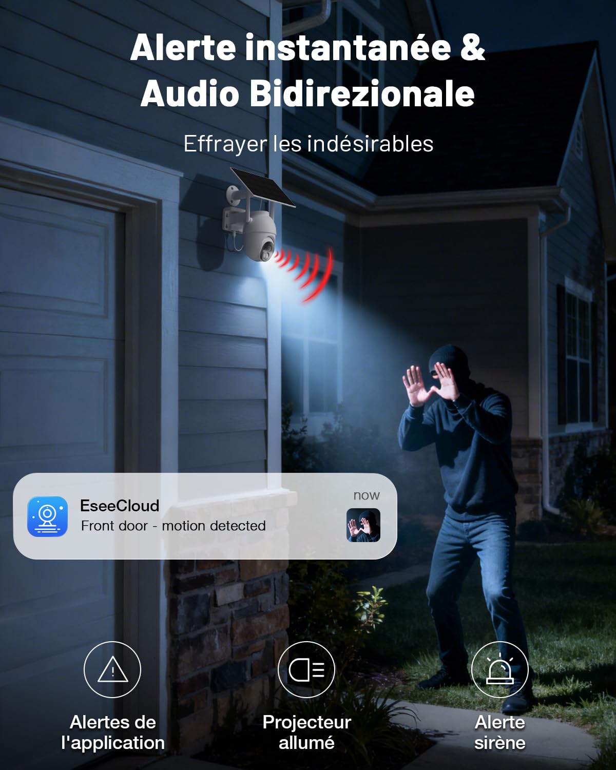 2K Camera Surveillance WiFi Exterieure sans Fil Solaire à Batterie, 4 Cam-Kit avec Base, Zéro Frais, Stockage Local 32Go, 360° Panoramique, Alerte, Vision Nocturne en Couleur, 2,4/5Ghz WiFi