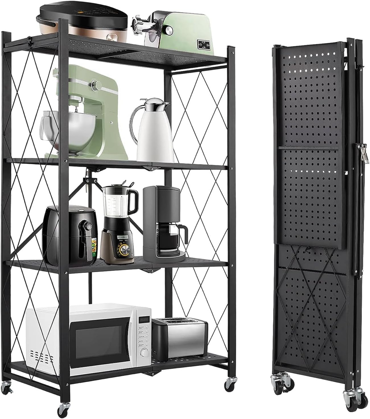 EMNDR Heavy Duty Metal Wire 4 Layer Multifunctional Foldable Floor Standing Storage Rack with Caster Wheels, Storage Organizer (Black, Powder Coated Finish)