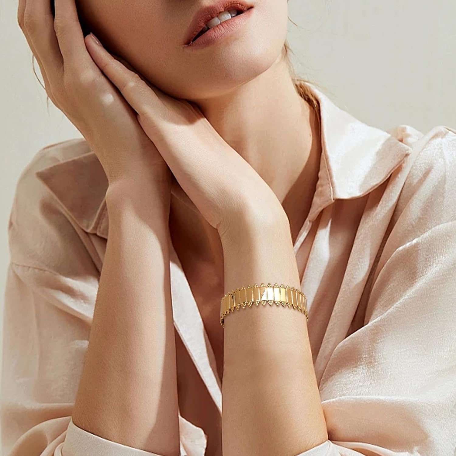 Chunky Gold Open Cuff Bangle Bracelets for Woman, 18k Gold Plated Adjustable Bracelet - Image 7