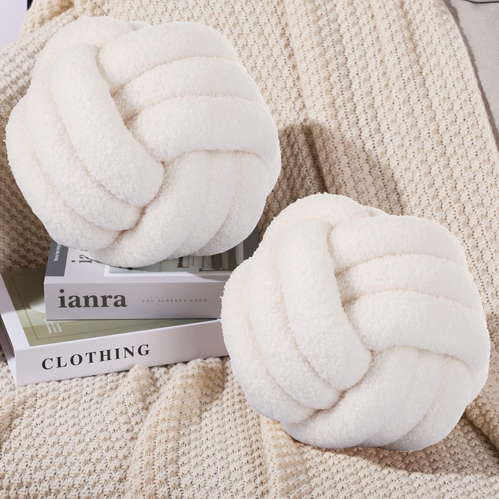 Lamb Wool Knot Ball Pillow Home Decor Cushion Lamb Wool Throw Pillow Cushion Handmade Round Pillow Bedroom Decor Waist Cushion Pillow for Couch Car Office (White,Diameter:8.6 inches)