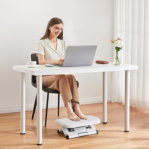 Vista 17 de HUANUO Reposapiés de escritorio ajustable, reposapiés para debajo del escritorio en el trabajo con masaje, taburete ajustable con 3 posiciones