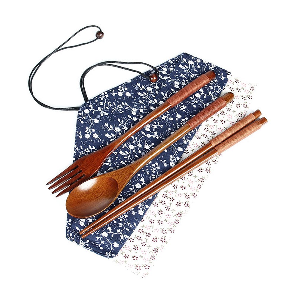 Rely2016 Wooden 3-piece Spoon Fork Chopsticks Set Lunch Tableware Set Japanese Style (Khaki)