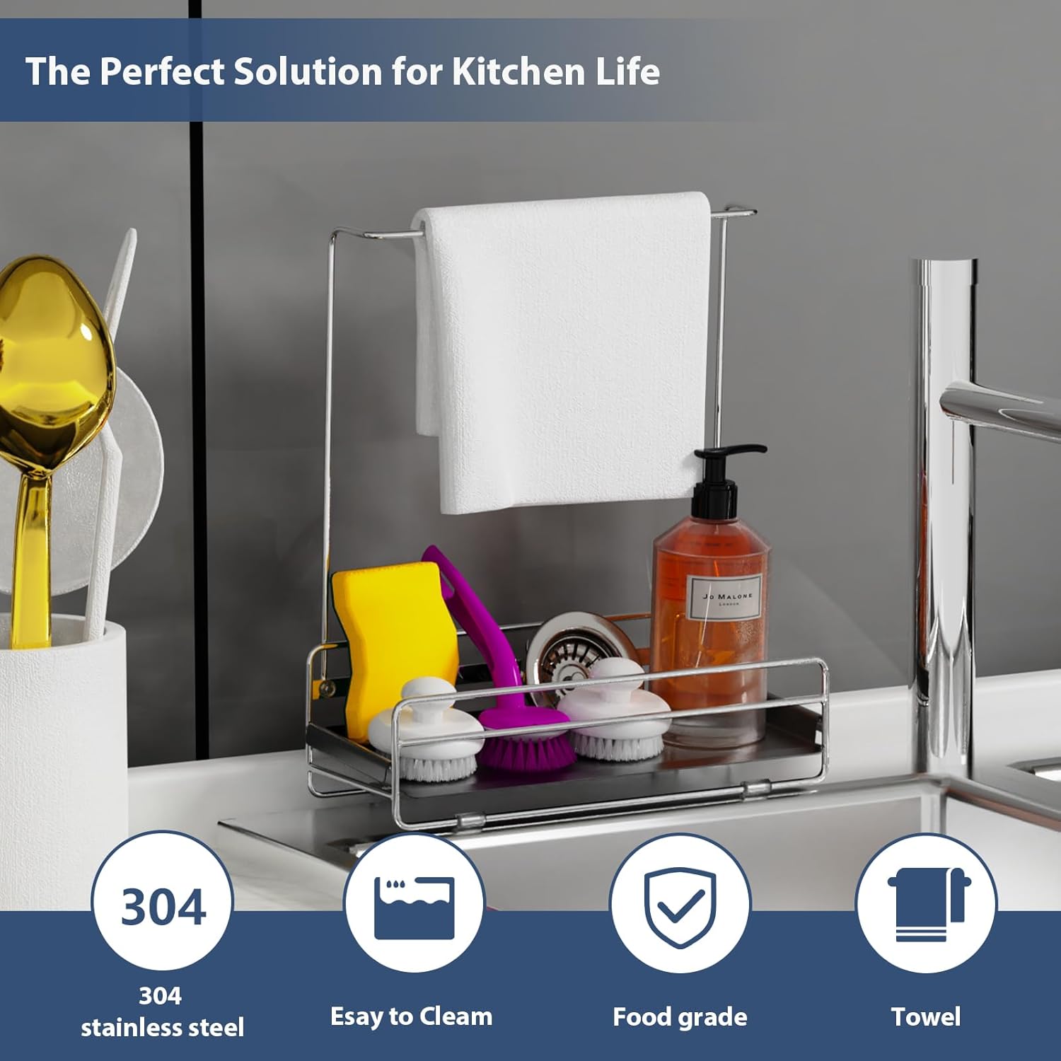 KABUM 304 Stainless Steel Sponge Holder with Towel Rack for Kitchen Sink, Sink Caddy with 4 Non-Slip Silicone Pads, Kitchen Essential Countertop Storage & Organization, Rustproof 304 Stainless Steel