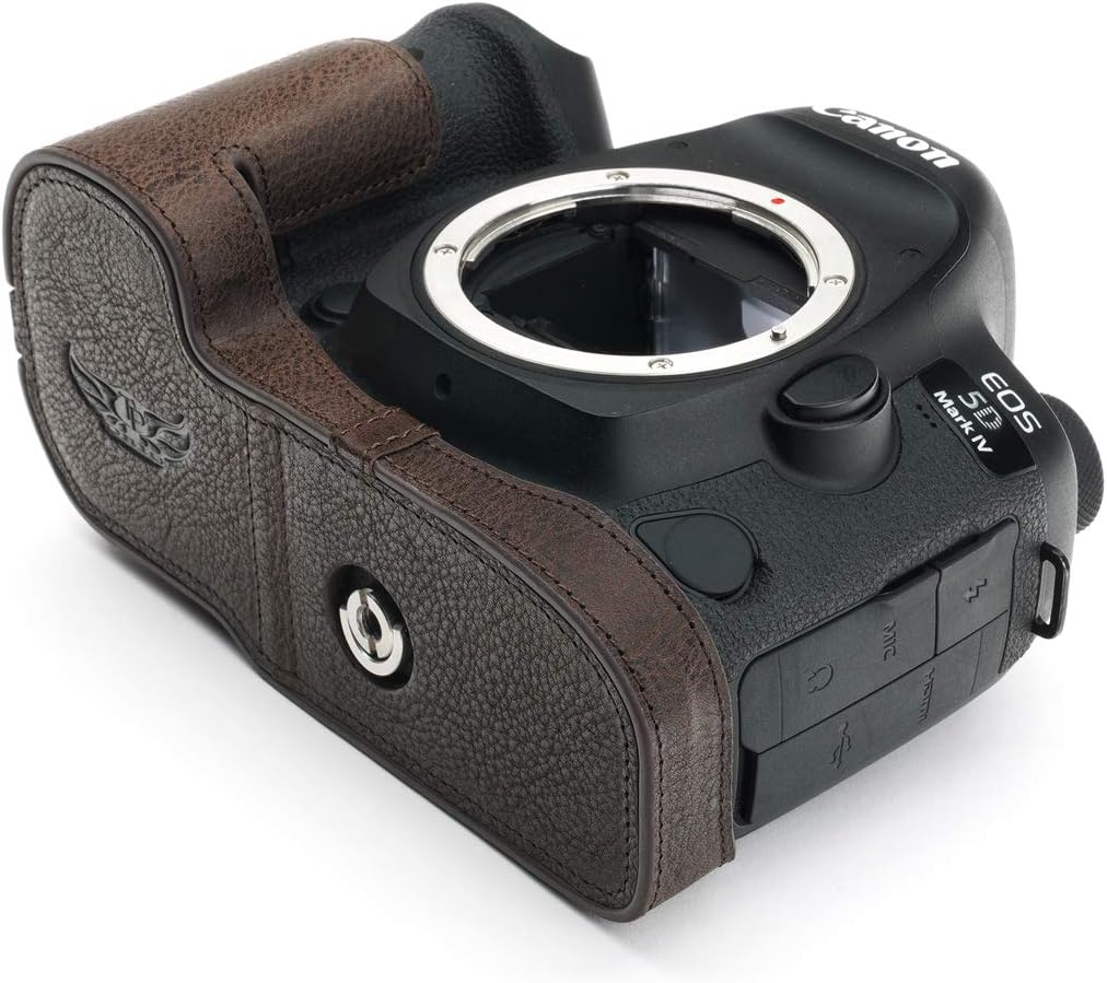 5D Mark IV Camera Case, BolinUS Handmade Genuine Real Leather Half Camera Case Bag Cover for Canon Eos 5D Mark IV Camera Bottom Opening Version + Hand Strap (Coffee)