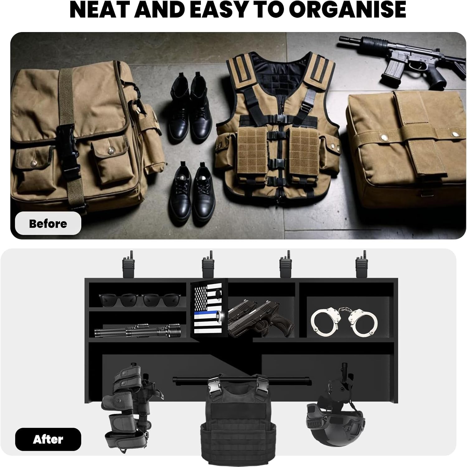 Alloy Steel Police Gear Rack, Wall-Mountable with Keypad Lock - Duty Gear Rack Police with Free Flag - for Police Stations, Fire Departments & Tactical Gear Wall Mount Needs