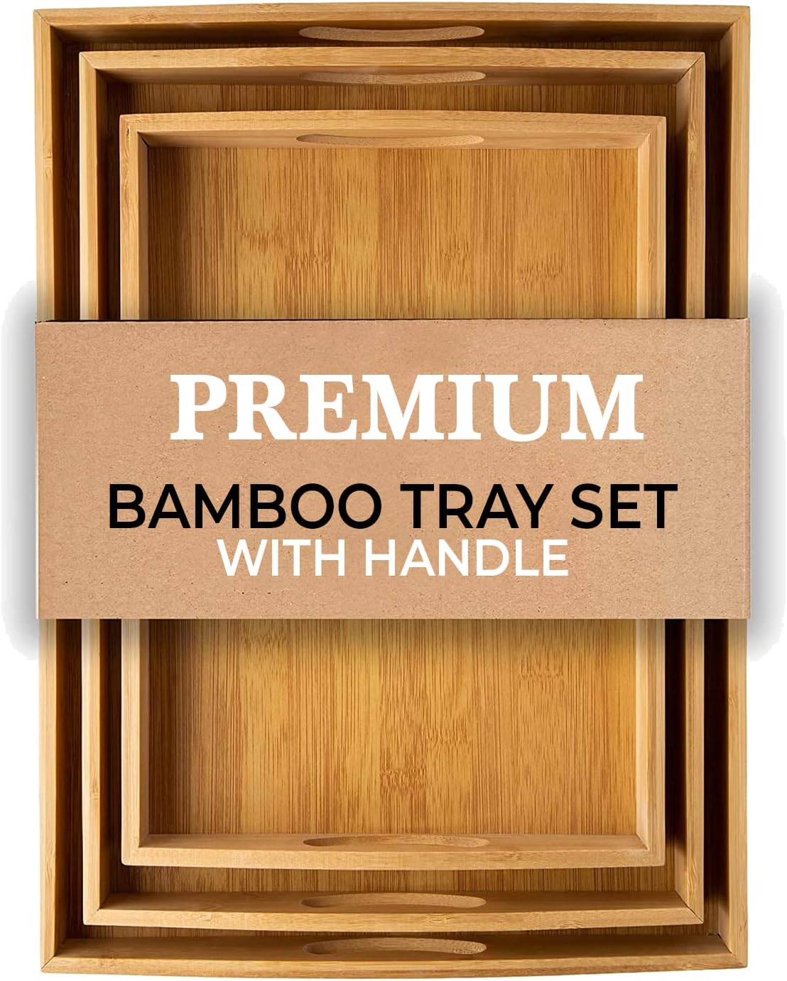 AWH Bamboo Tray - 3 Pack Wooden Serving Tray With Handles - Rectangular, Natural, Bamboo, 100% - Large, Small, Medium - Breakfast, Food, Kitchen, Outdoors, Restaurants