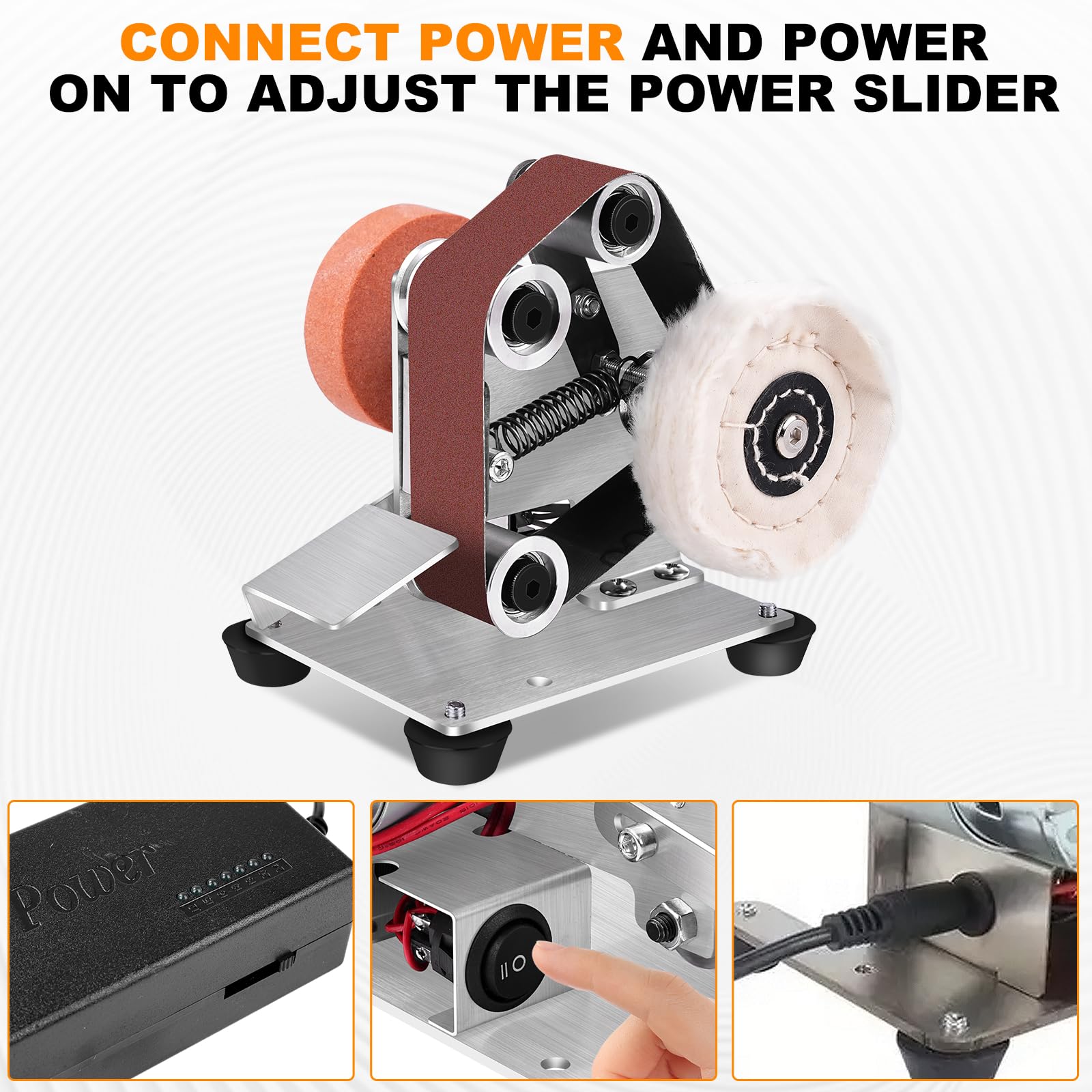 Mini lijadora de banda, lijadora de banda eléctrica, 4000-9000 rev/min, pulidora ajustable de 7 etapas, afilador de cuchillos con 10 bandas de lijado para bricolaje, madera, metal, pulido