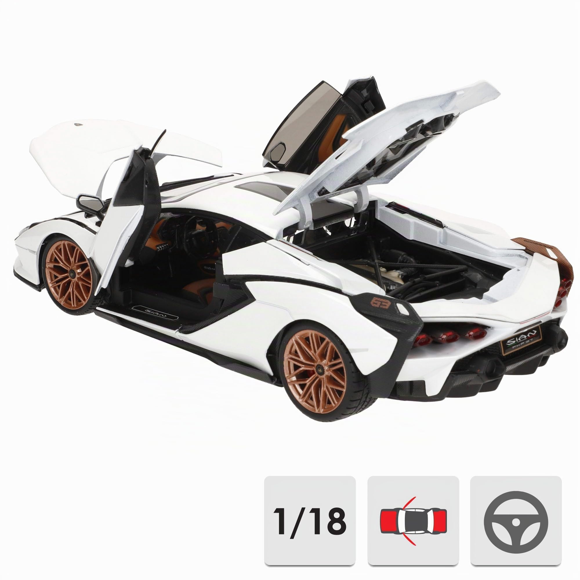 Burago Maqueta coche Lamborghini Sián FKP 37, Escala 1:18, Carrocería en blanco con detalles en negro, Fabricado en die-cast metal, Puertas y capó de apertura manual, Interior detallado (78095)