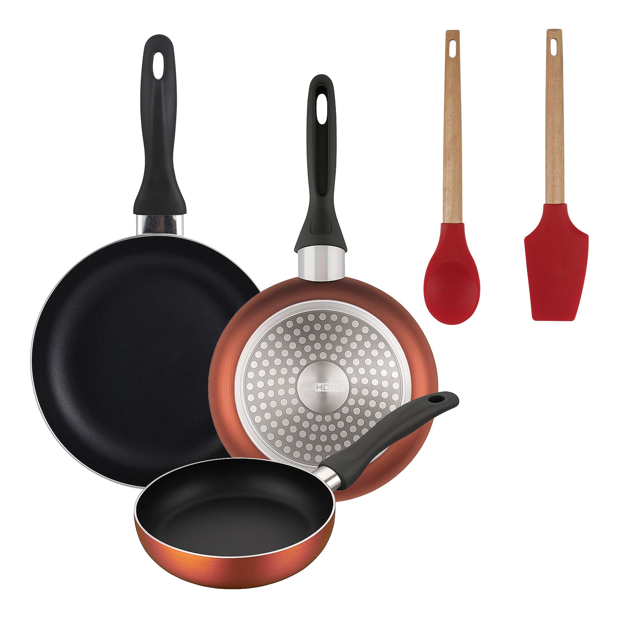Well Home Lot de 3 poêles Ø16 Ø 20 Ø 24 cm en aluminium pressé en cuivre métallisé + lot de 2 ustensiles de cuisine en silicone