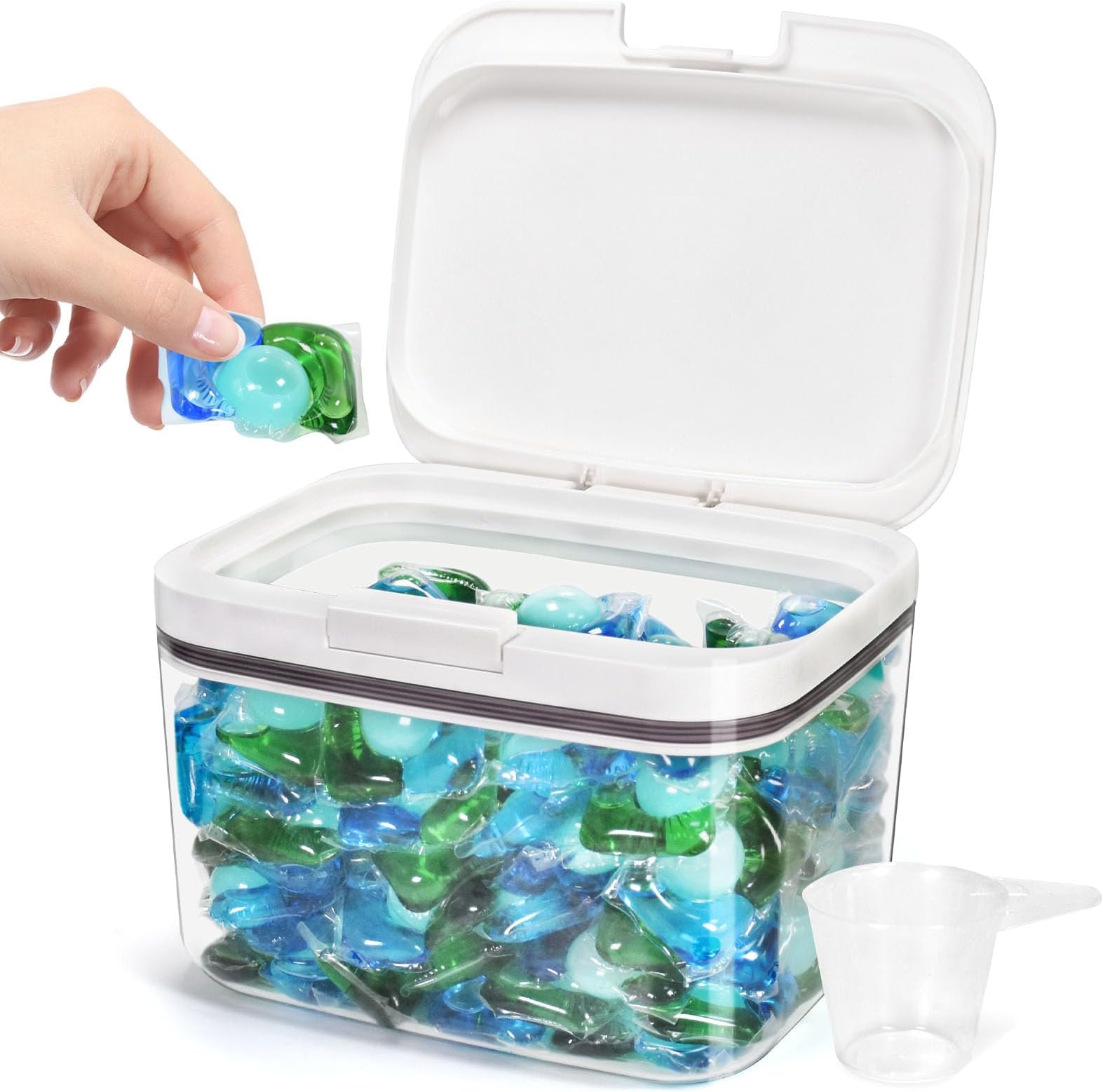 Laundry Pods Container Holder with Lid, Laundry Room Storage Container for Detergent Pods Laundry Powder Scent Booster Container with Scoop