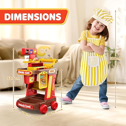 Miniatura 2 de Juego de cocina para niños, juego de comida de restaurante para niños pequeños con carrito, parrilla y delantal, accesorios de cocina con luces y