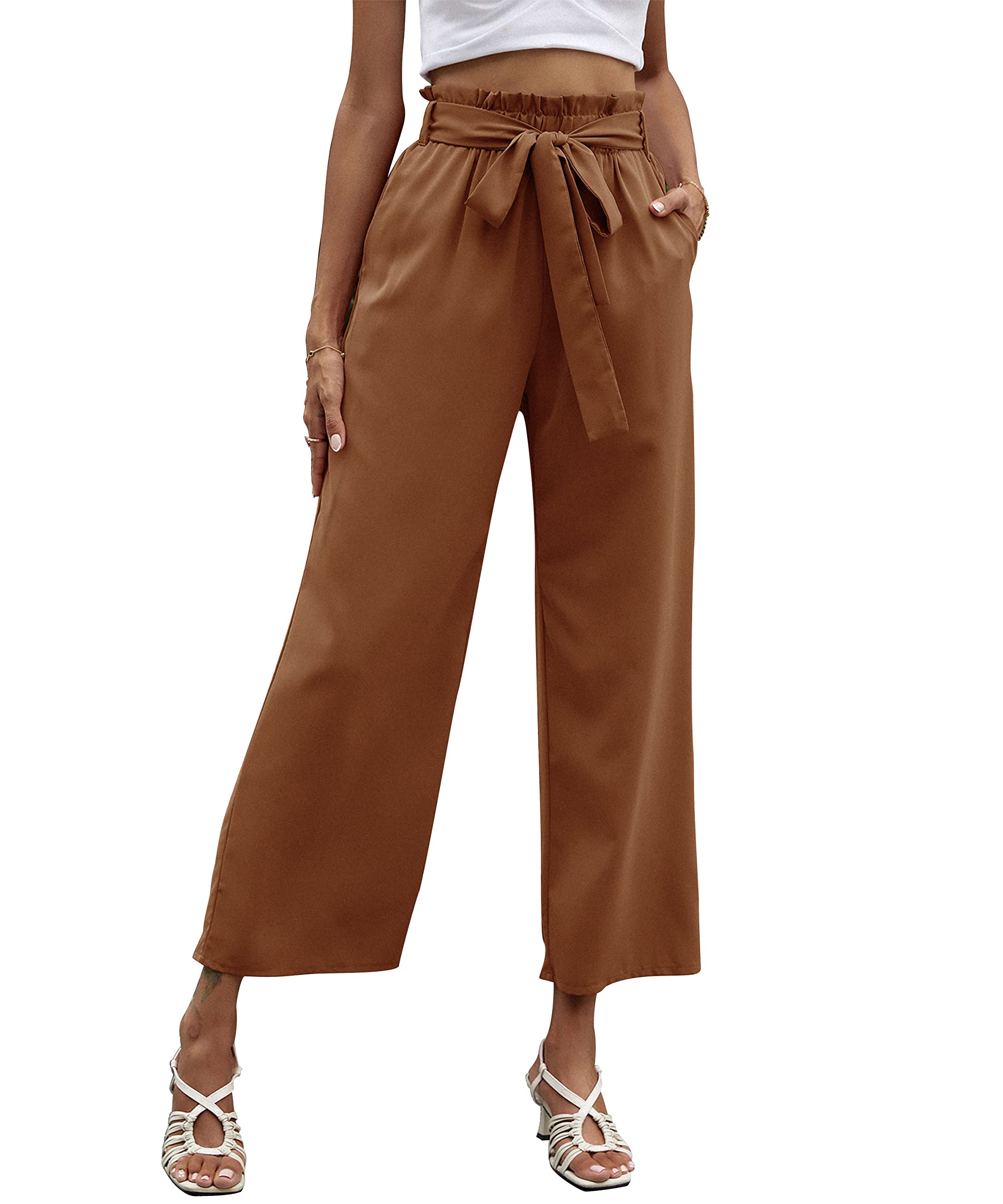 QIAOZHI Womens Summer Pants Casual Loose High Waist Drawstring Wide Leg Capri Palazzo Pants Trousers with Pockets