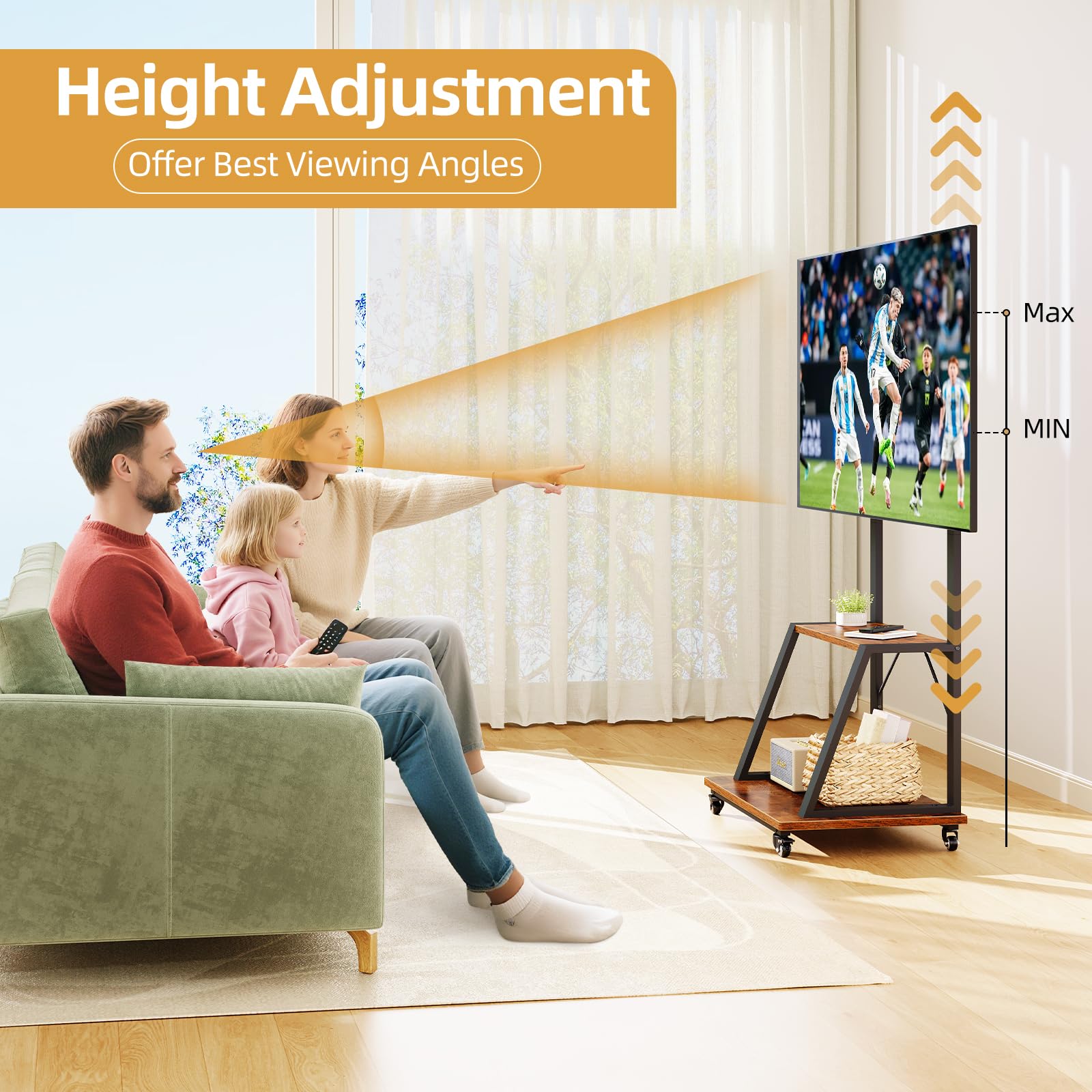 Dripex TV Ständer mit Rollen, höhenverstellbarer TV Rollwagen für 32-70 Zoll Fernseher bis 80 kg, mobiler TV Schrank mit 2 Ablagen für Wohnzimmer, Büro und Home Gym