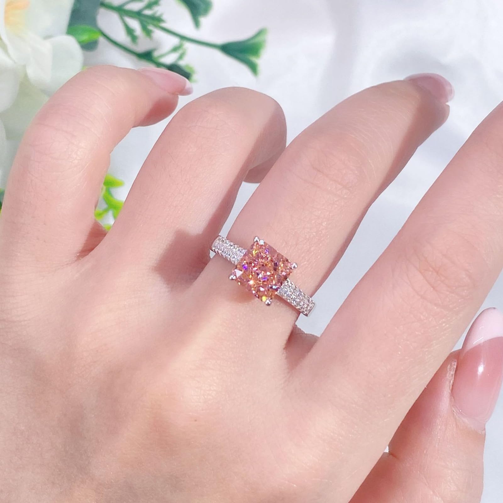 Anello Nuziale, Platino Anello con Zaffiro Padparadscha Quadrato da 3 carati Creato in Laboratorio e moissanite