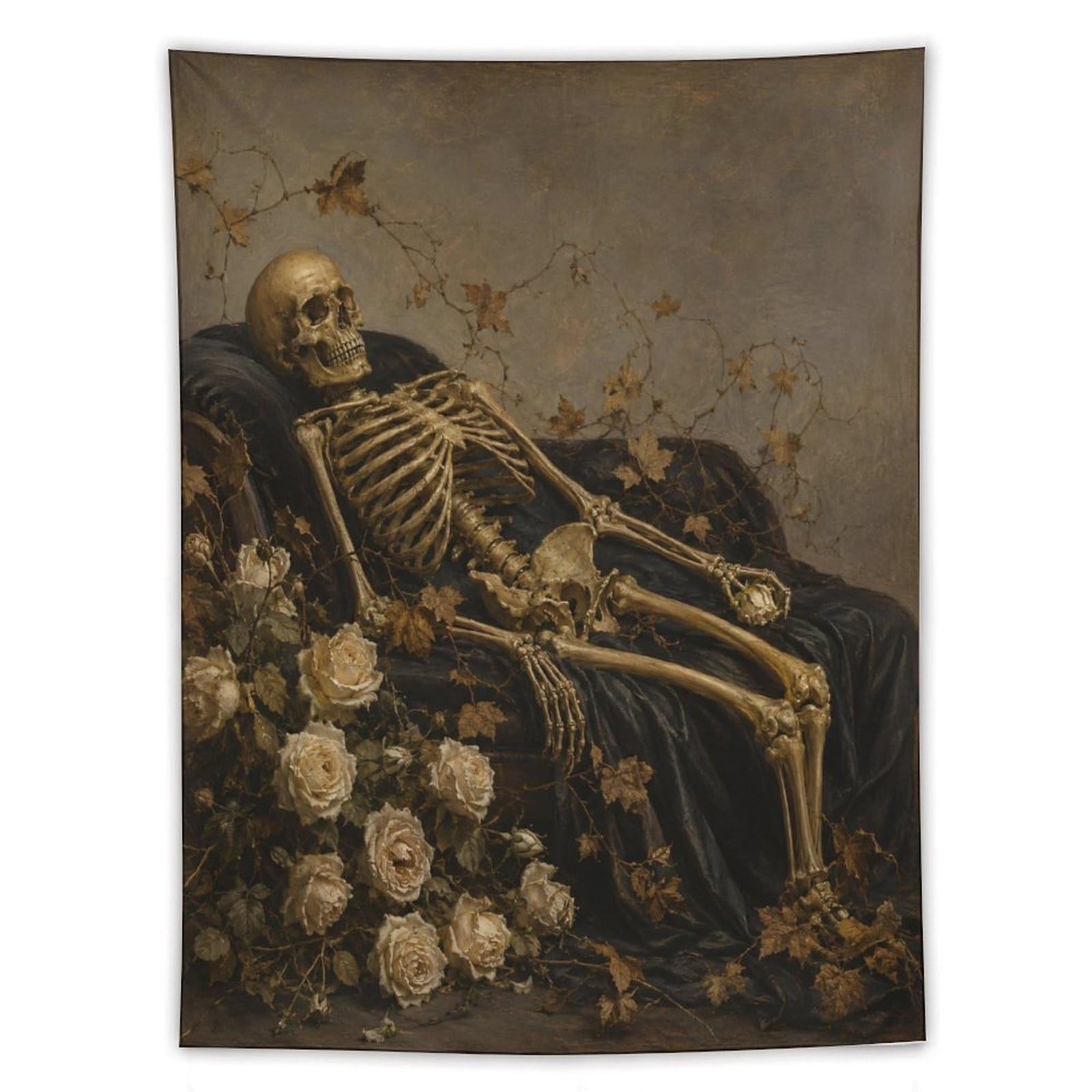 W7C8U2X3 Skeleton with Roses Wall Tapestry, Fantasy Illustration, Bed